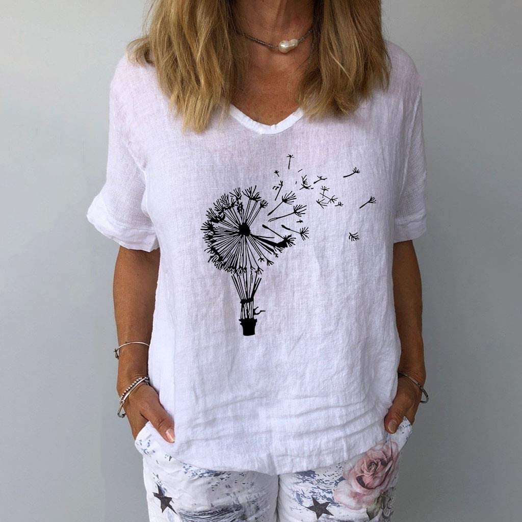 Dosoop Women Dandelions Print Linen Shirts Summer Short Sleeve Basic V Neck Loose Casual Tops T-Shir