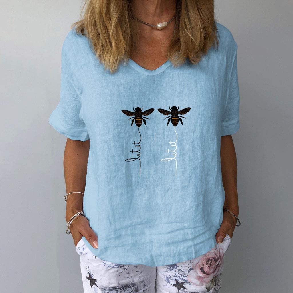 Dosoop Women Littie Bee Print Linen Shirts Summer V Neck Short Sleeve Tops Graphic T-Shirt Casual Lo