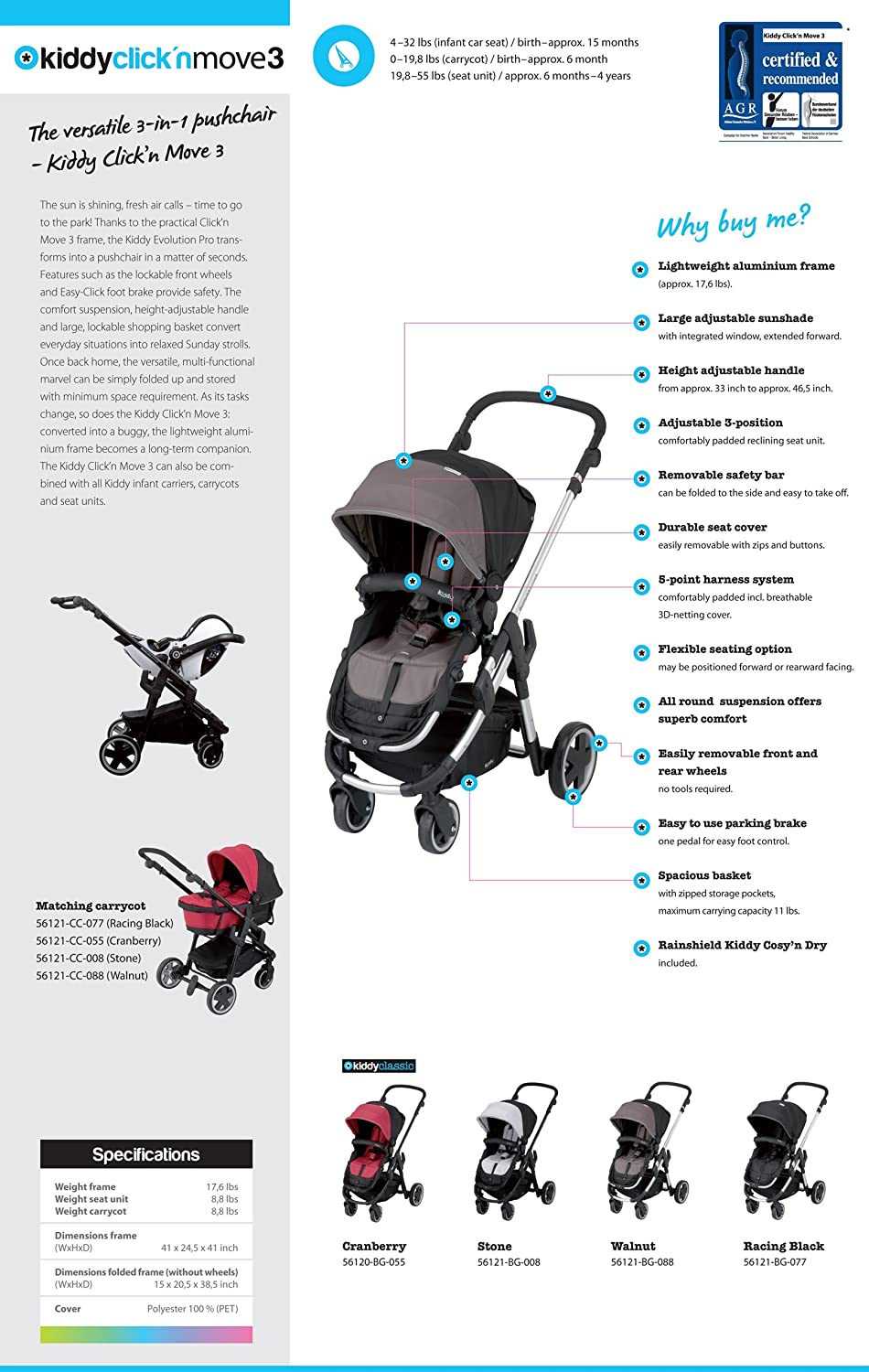 Kiddy Click 'n Move 3 Stroller - Walnut - One Size