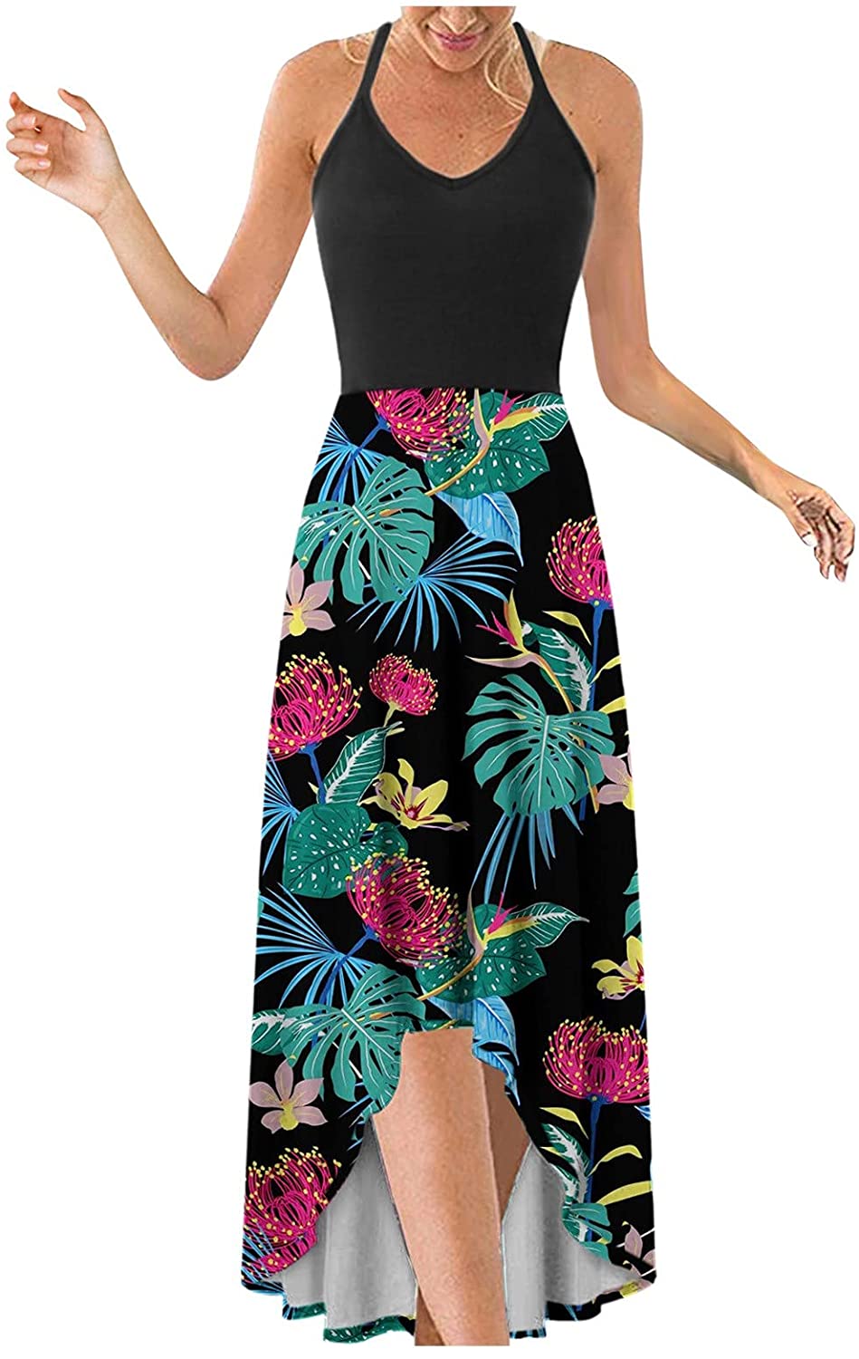 WYTong Women Sexy V-Neck Elegant Party Dress Irregular Hem Prints Long Party Dress Spaghetti Strap D