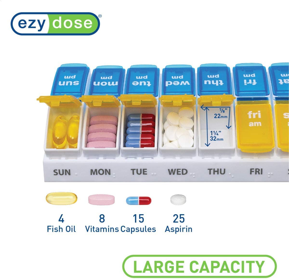 Ezy Dose Weekly (7-Day) AM/PM Pill Organizer, Vitamin and Medicine Box, Large Pop-Out Compartments, 