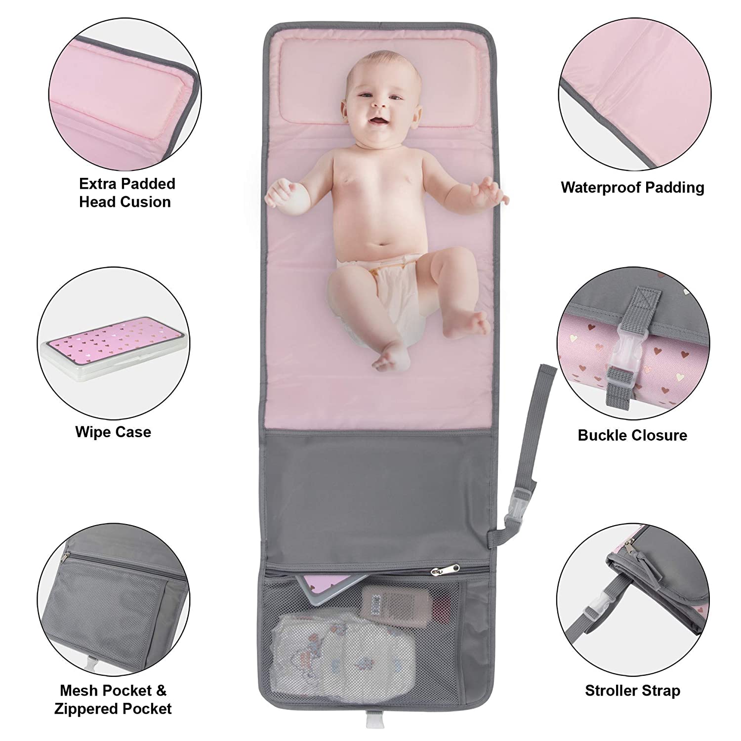 Portable Diaper Changing Pad Station Waterproof for Baby Girl, Boy with Padded Head Rest, Wipes Disp