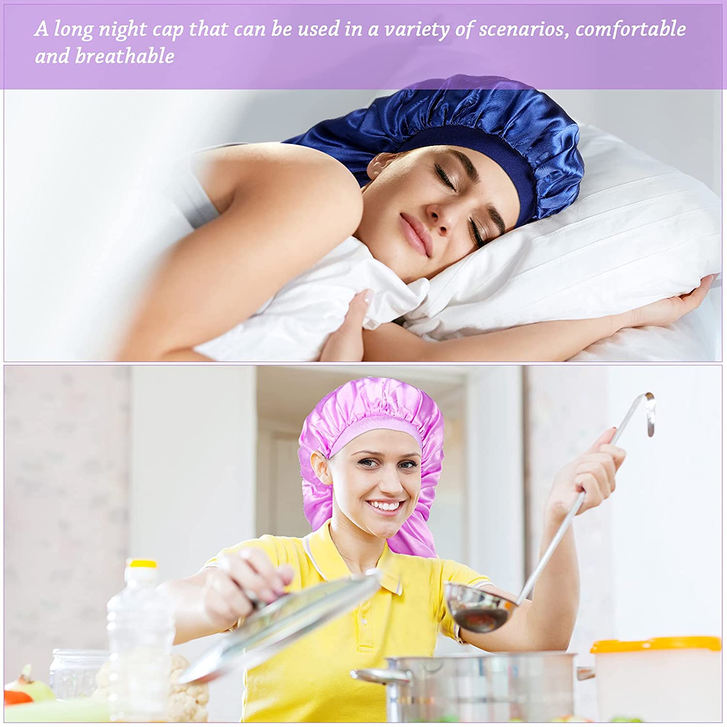 3 Pieces Long Hair Satin Bonnet Cap Extra Large Soft Elastic Band Silky Women Sleeping Cap with 3 El