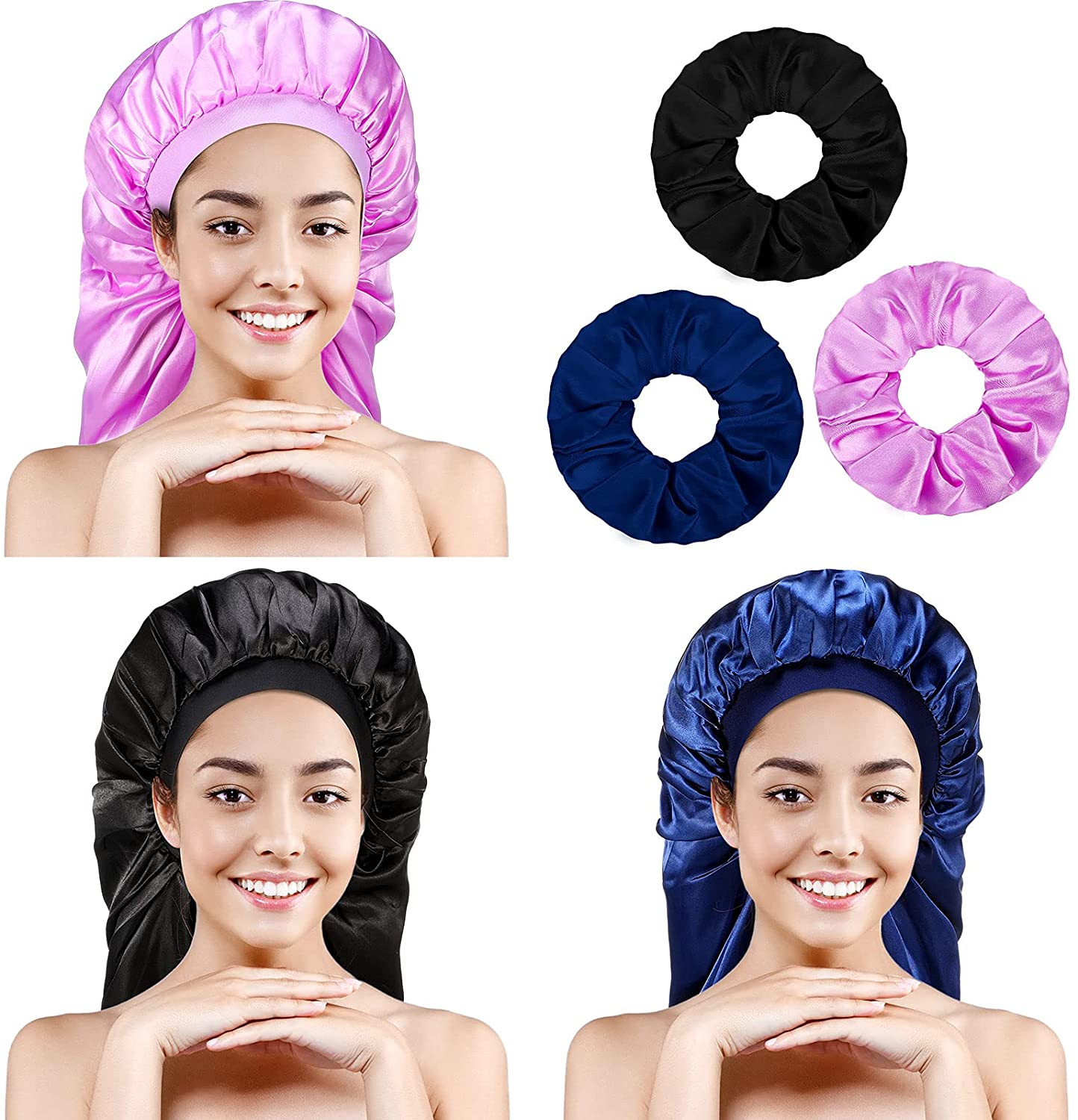 3 Pieces Long Hair Satin Bonnet Cap Extra Large Soft Elastic Band Silky Women Sleeping Cap with 3 El