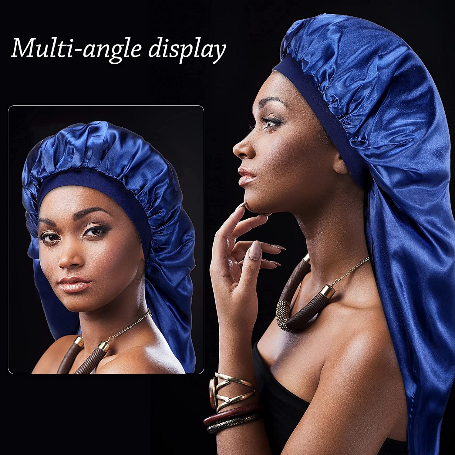 3 Pieces Long Hair Satin Bonnet Cap Extra Large Soft Elastic Band Silky Women Sleeping Cap with 3 El