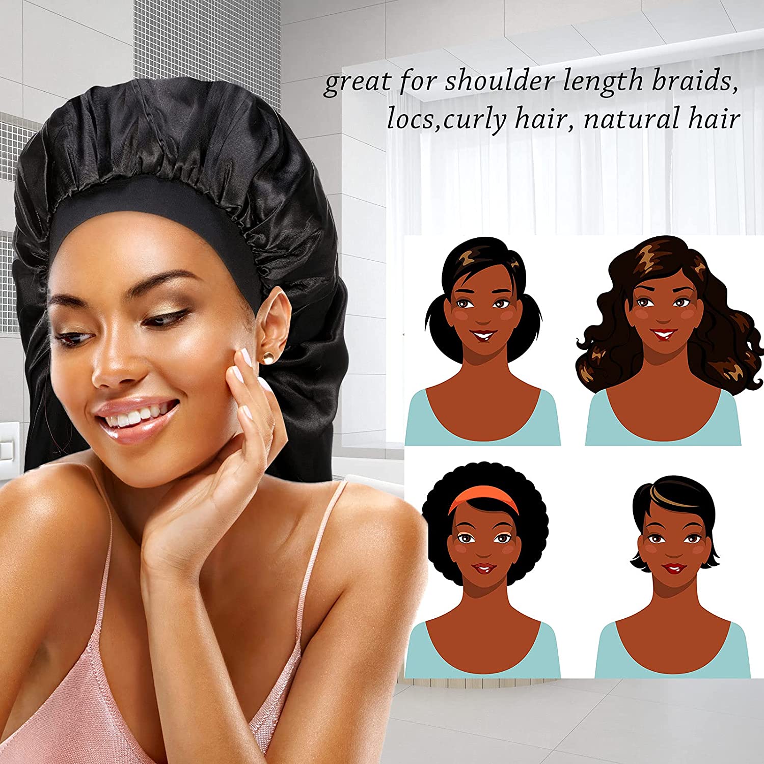 3 Pieces Long Hair Satin Bonnet Cap Extra Large Soft Elastic Band Silky Women Sleeping Cap with 3 El