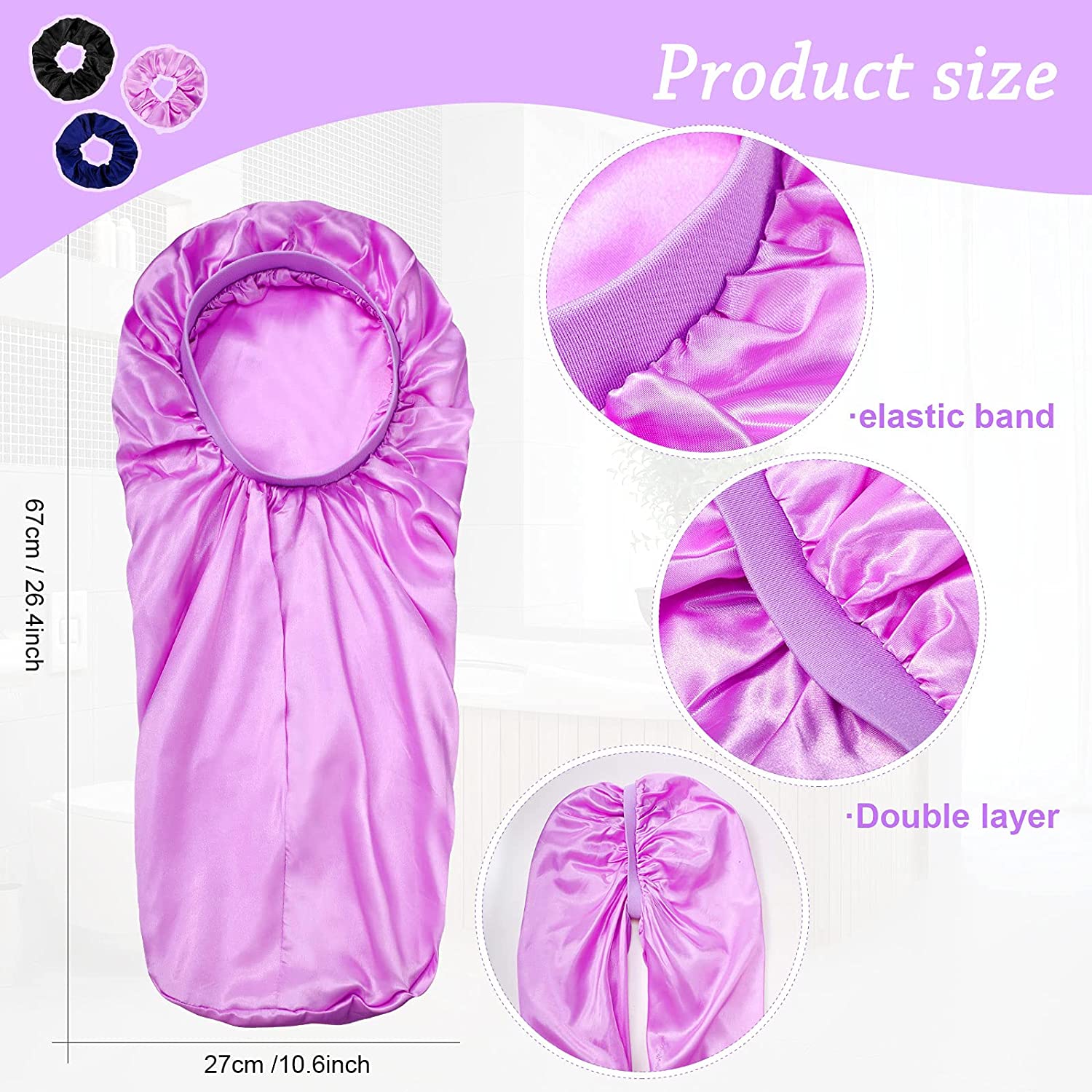 3 Pieces Long Hair Satin Bonnet Cap Extra Large Soft Elastic Band Silky Women Sleeping Cap with 3 El