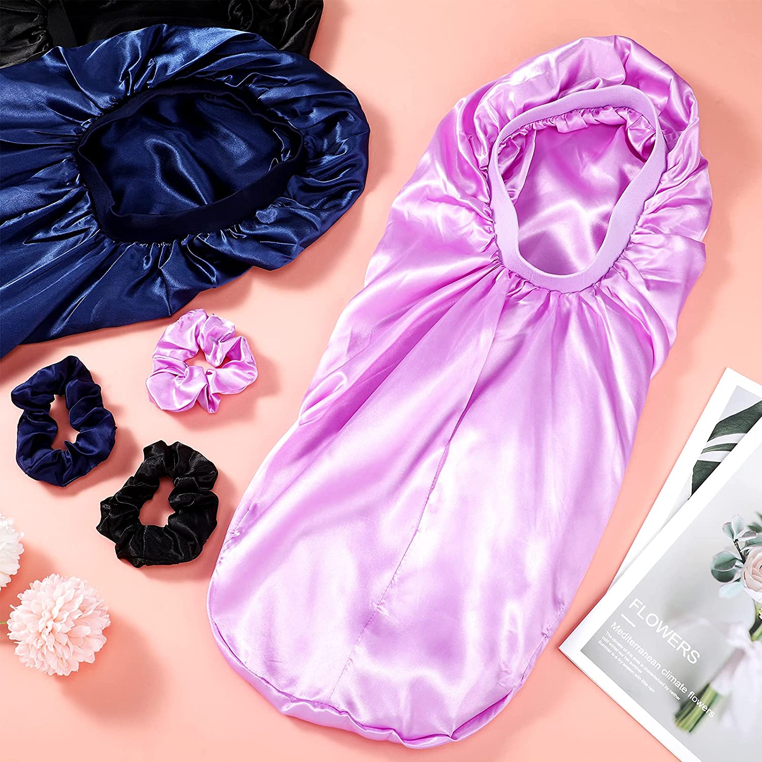 3 Pieces Long Hair Satin Bonnet Cap Extra Large Soft Elastic Band Silky Women Sleeping Cap with 3 El