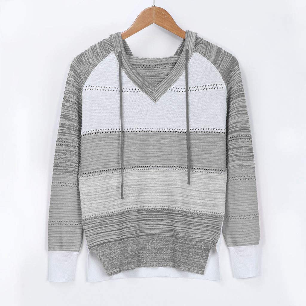 Meikosks Womens Fashion Hooded Sweater V-Neck Long Sleeves Hoodies Casual Patchwork Blouse Tops