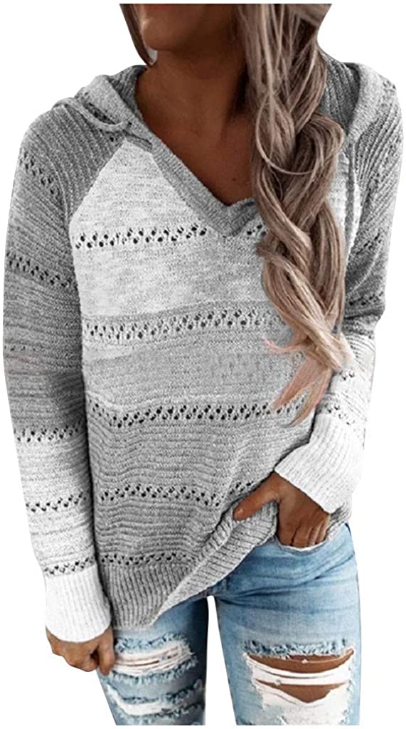 Meikosks Womens Fashion Hooded Sweater V-Neck Long Sleeves Hoodies Casual Patchwork Blouse Tops