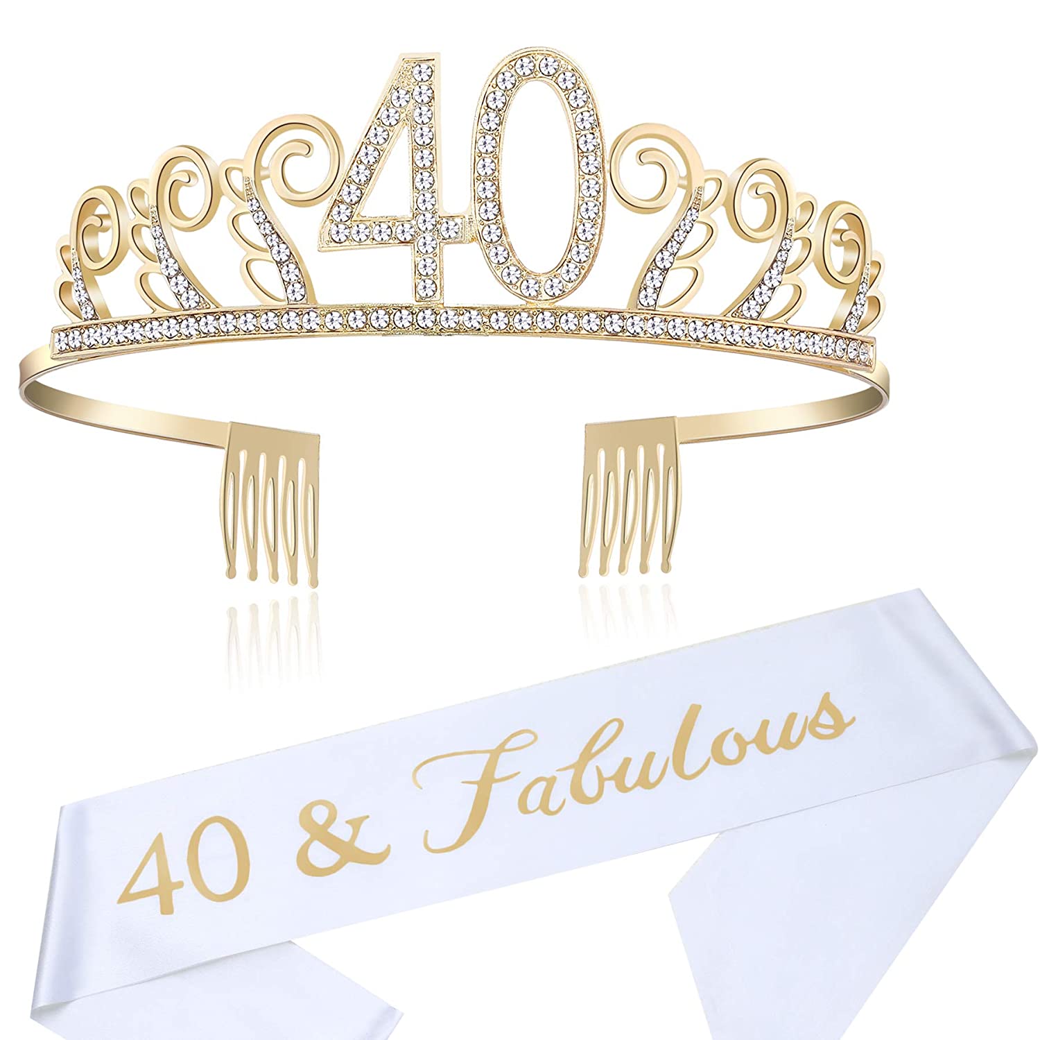 BABEYOND 40th Birthday Tiara and Sash Crystal Happy Birthday Crown and Satin 40 & Fabulous Sash 40th