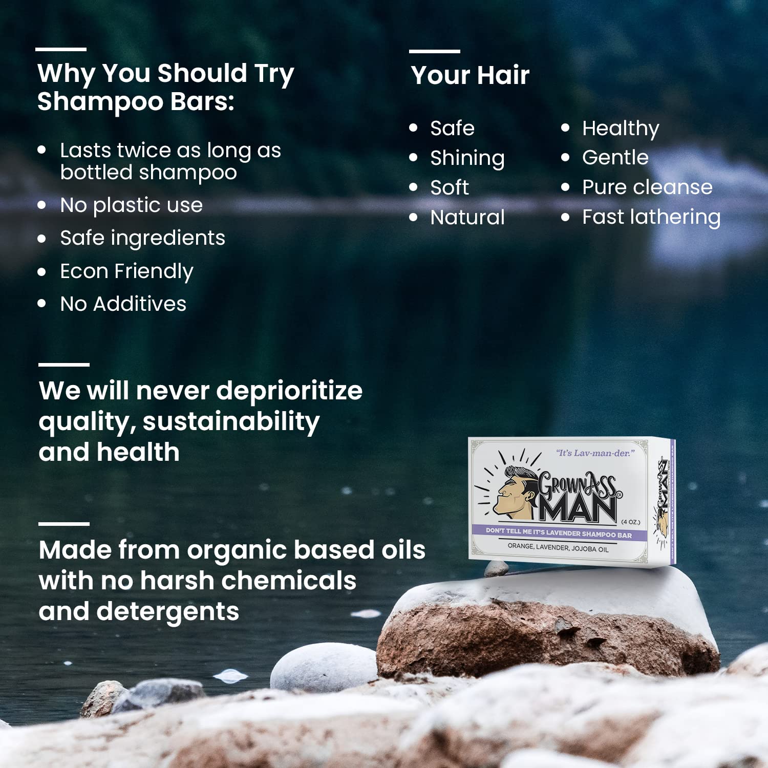 Grown Ass Man Co. - Solid Shampoo Bar Rich Lather 3 in 1: Hair, Beard & Body Wash - Plastic Free & E