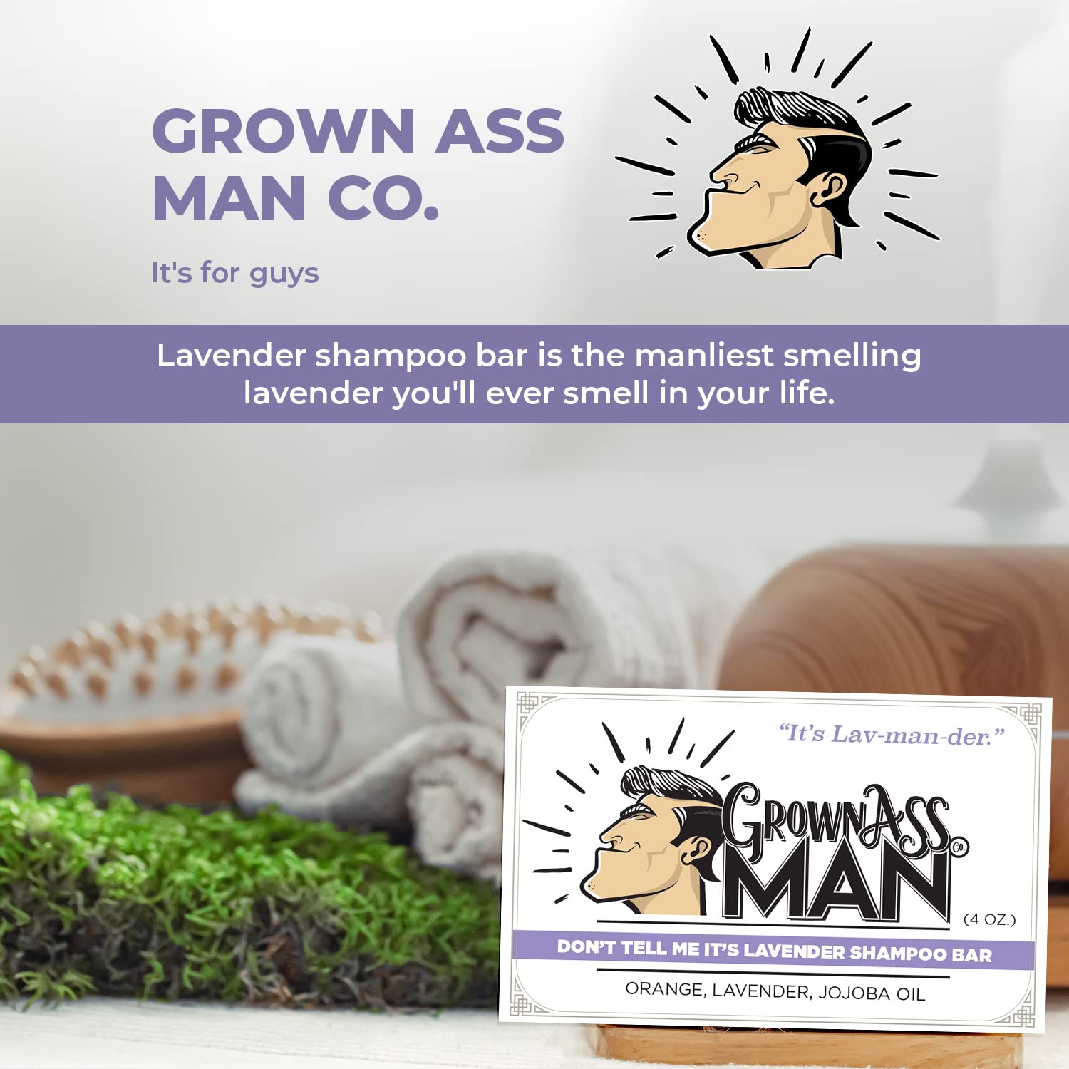 Grown Ass Man Co. - Solid Shampoo Bar Rich Lather 3 in 1: Hair, Beard & Body Wash - Plastic Free & E