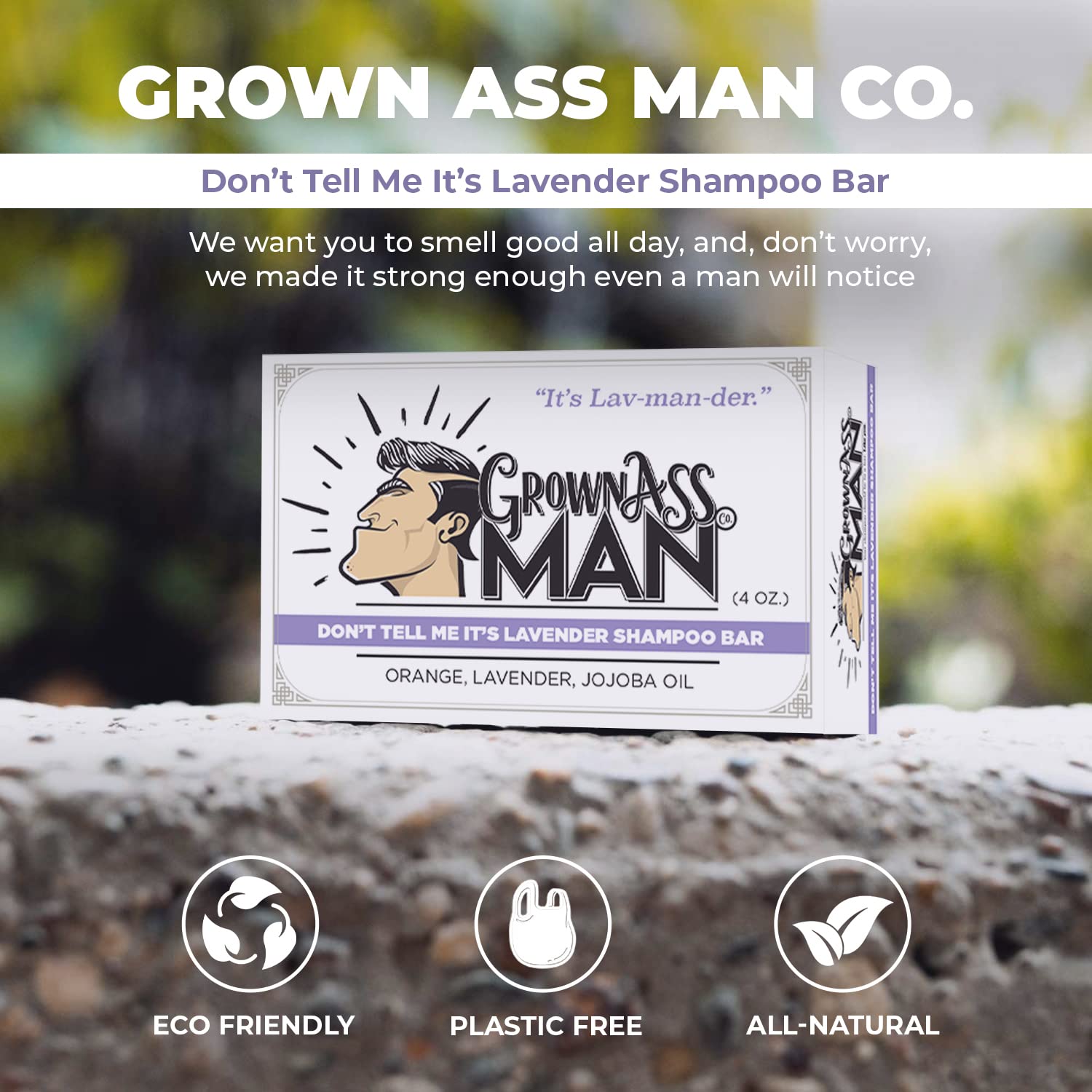 Grown Ass Man Co. - Solid Shampoo Bar Rich Lather 3 in 1: Hair, Beard & Body Wash - Plastic Free & E
