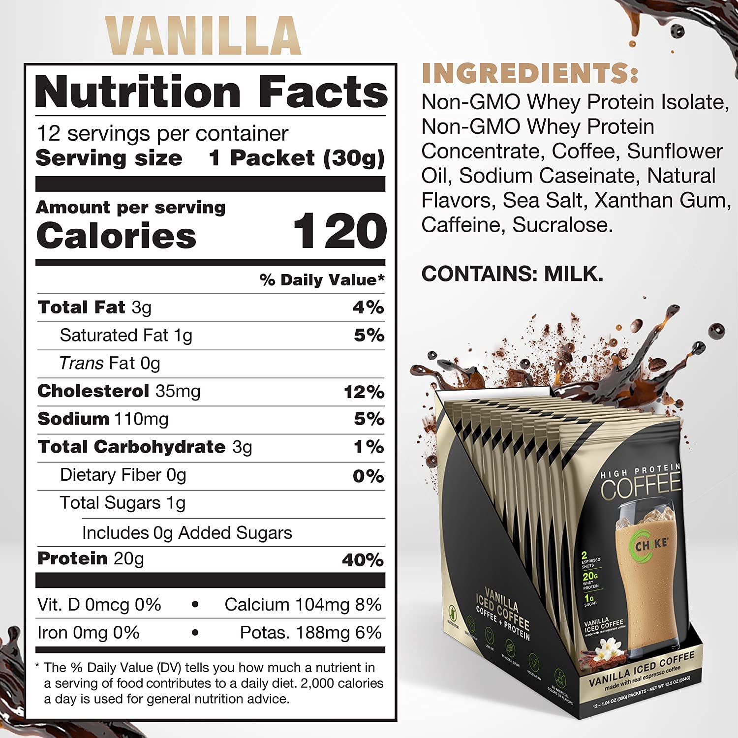 Chike Vanilla High Protein Iced Coffee, 20 G Protein, 2 Shots Espresso, 1 G Sugar, Keto Friendly and