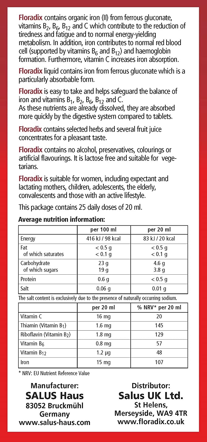 Flora, Floradix Iron + Herbs, Natural Liquid Iron Supplement, 17 fl Ounce (500 ML)