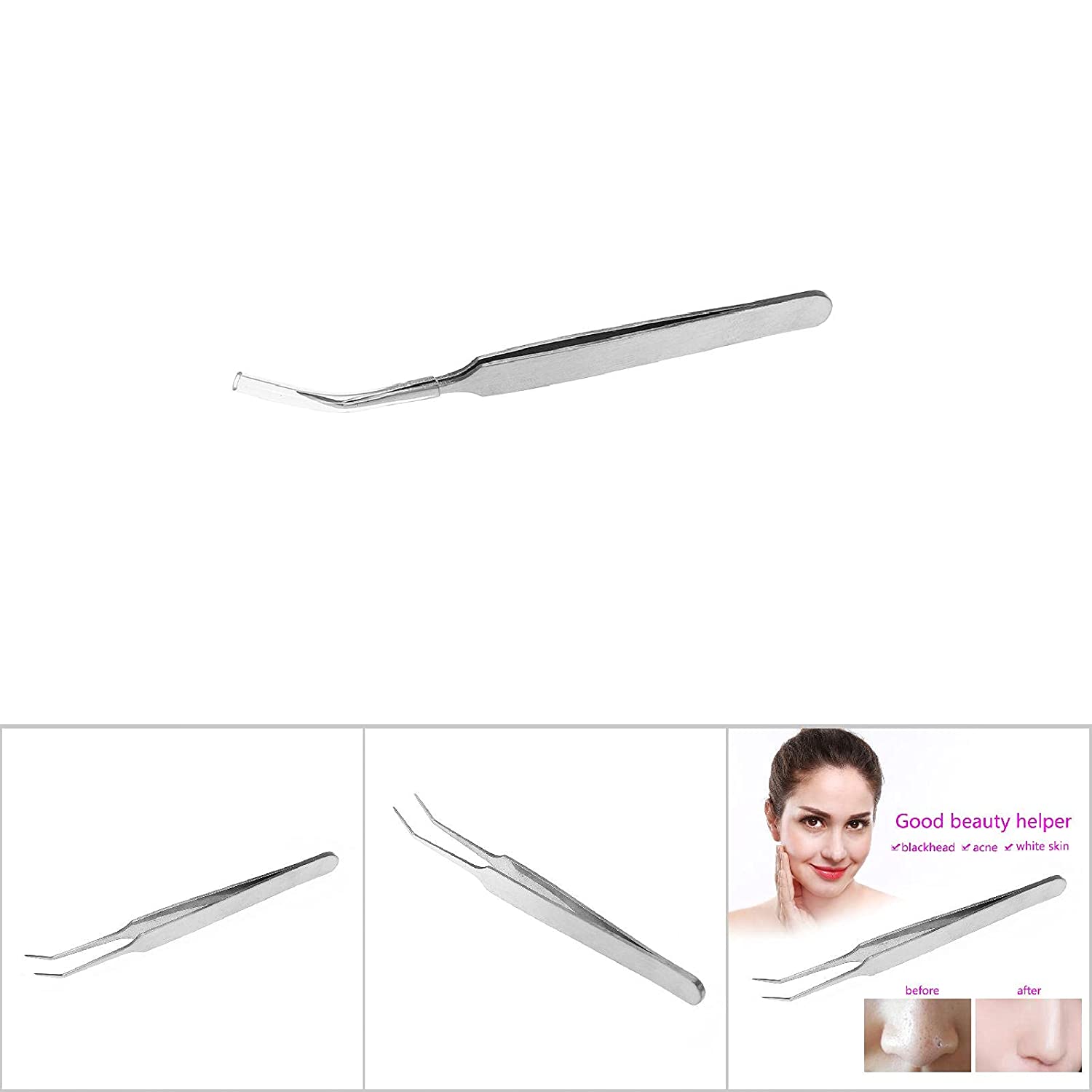 Blackhead Extractor Tweezer, 3.4in Stainless Steel Curved Hook Oblique Straight Clip Tweezer for Rem