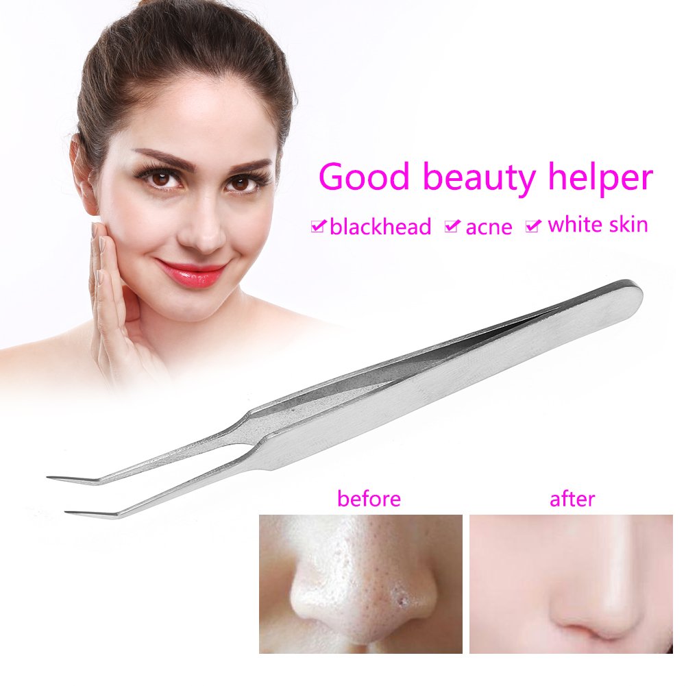 Blackhead Extractor Tweezer, 3.4in Stainless Steel Curved Hook Oblique Straight Clip Tweezer for Rem