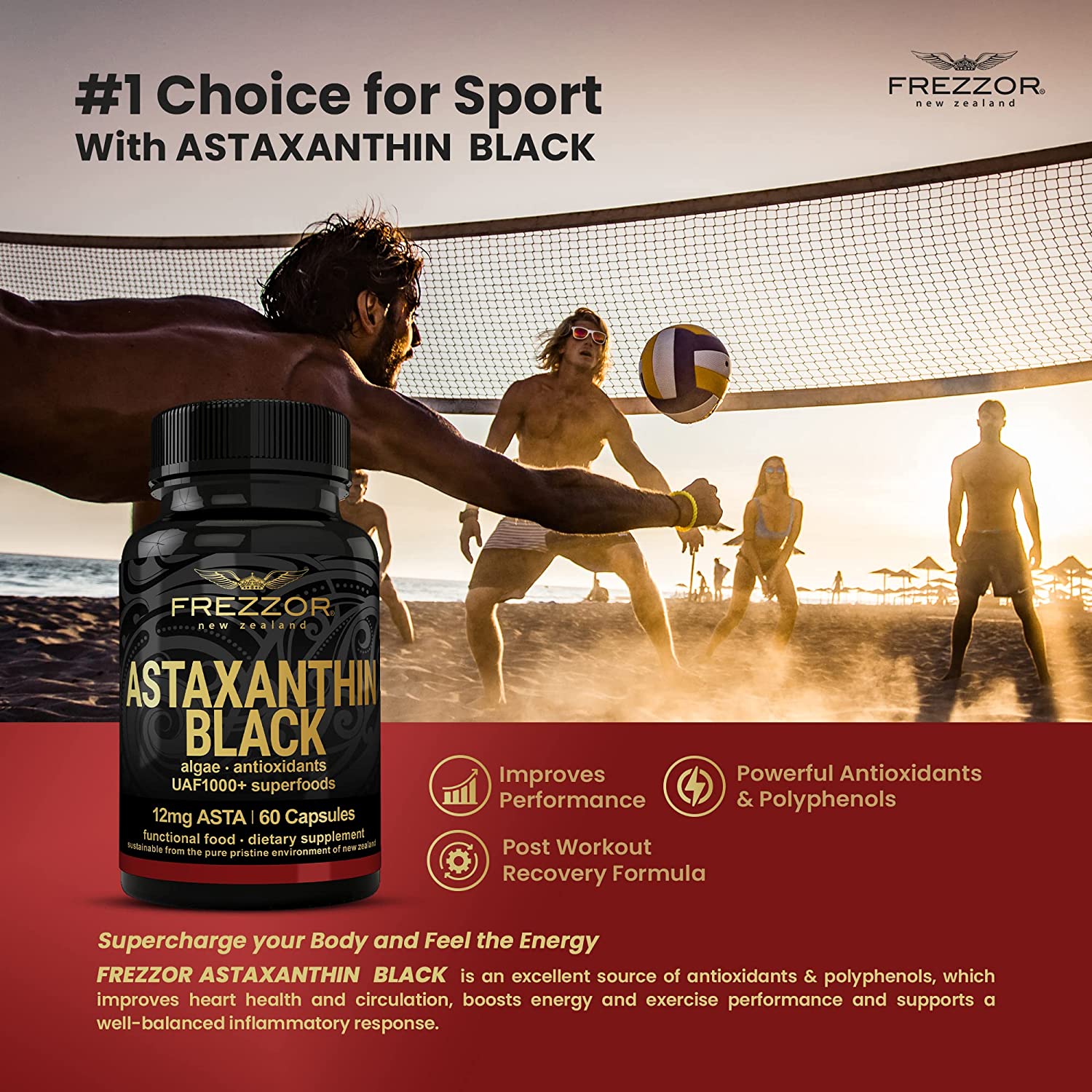 FREZZOR New Zealand Astaxanthin Black with UAF1000+, Anti-Aging, Skin, Eye, Nerve, Muscle Recovery,