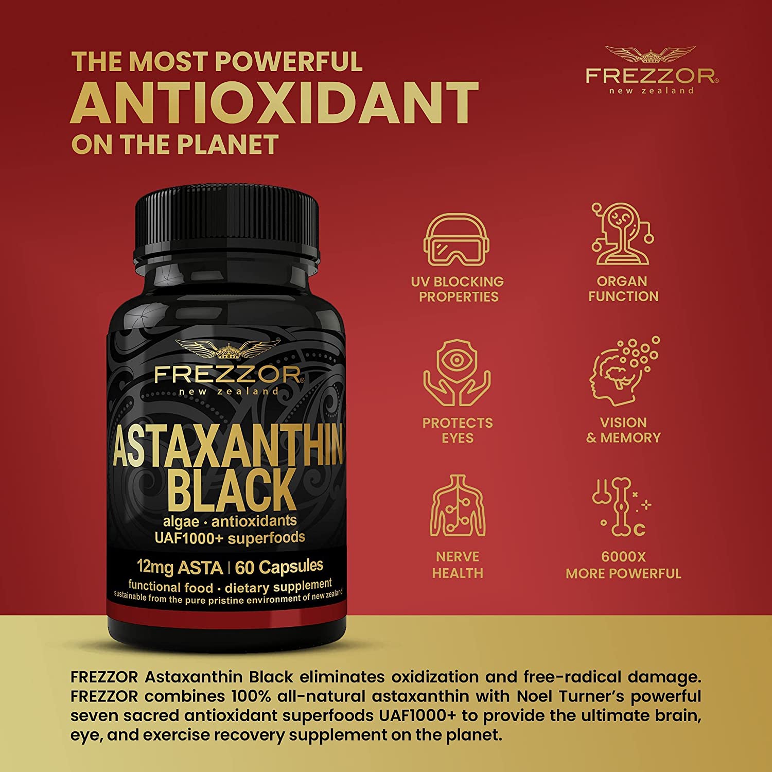 FREZZOR New Zealand Astaxanthin Black with UAF1000+, Anti-Aging, Skin, Eye, Nerve, Muscle Recovery,