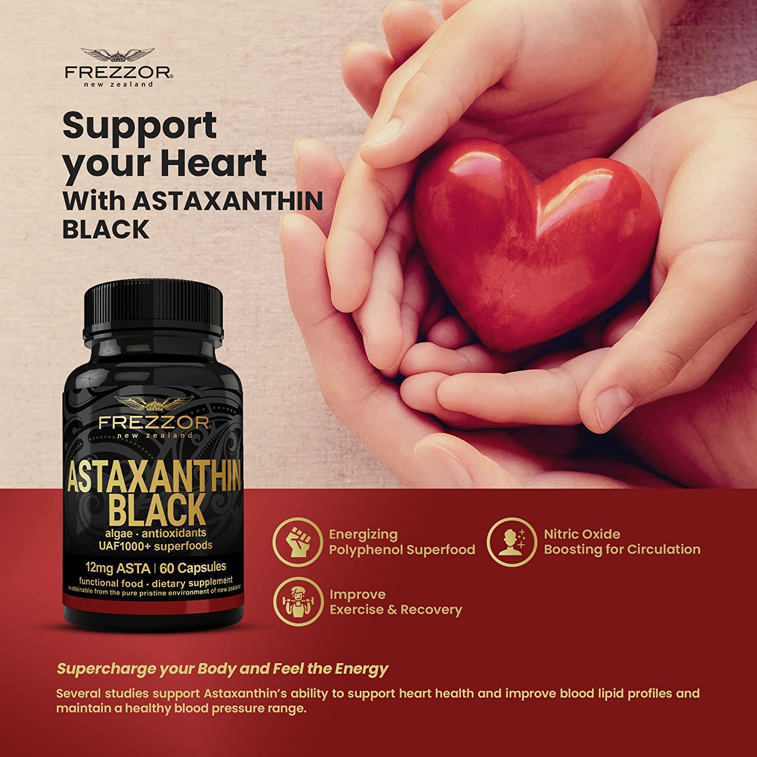FREZZOR New Zealand Astaxanthin Black with UAF1000+, Anti-Aging, Skin, Eye, Nerve, Muscle Recovery,