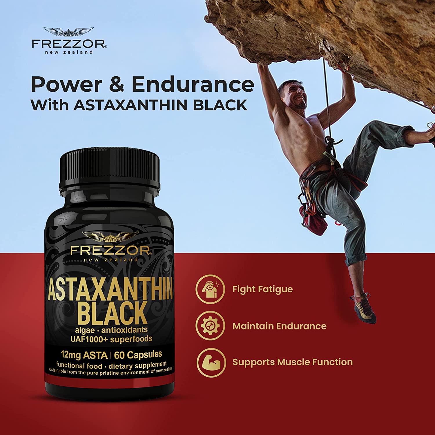 FREZZOR New Zealand Astaxanthin Black with UAF1000+, Anti-Aging, Skin, Eye, Nerve, Muscle Recovery,