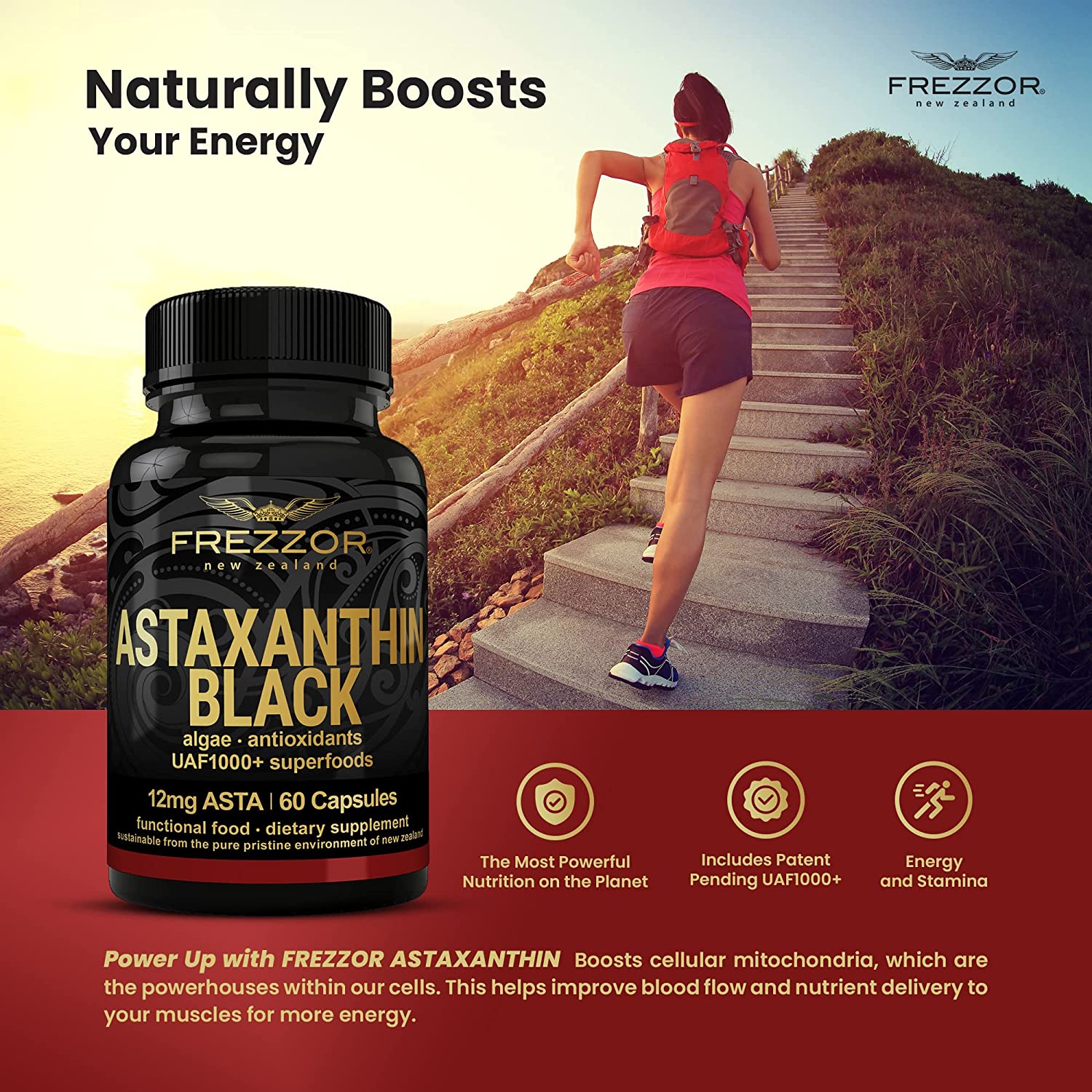 FREZZOR New Zealand Astaxanthin Black with UAF1000+, Anti-Aging, Skin, Eye, Nerve, Muscle Recovery,