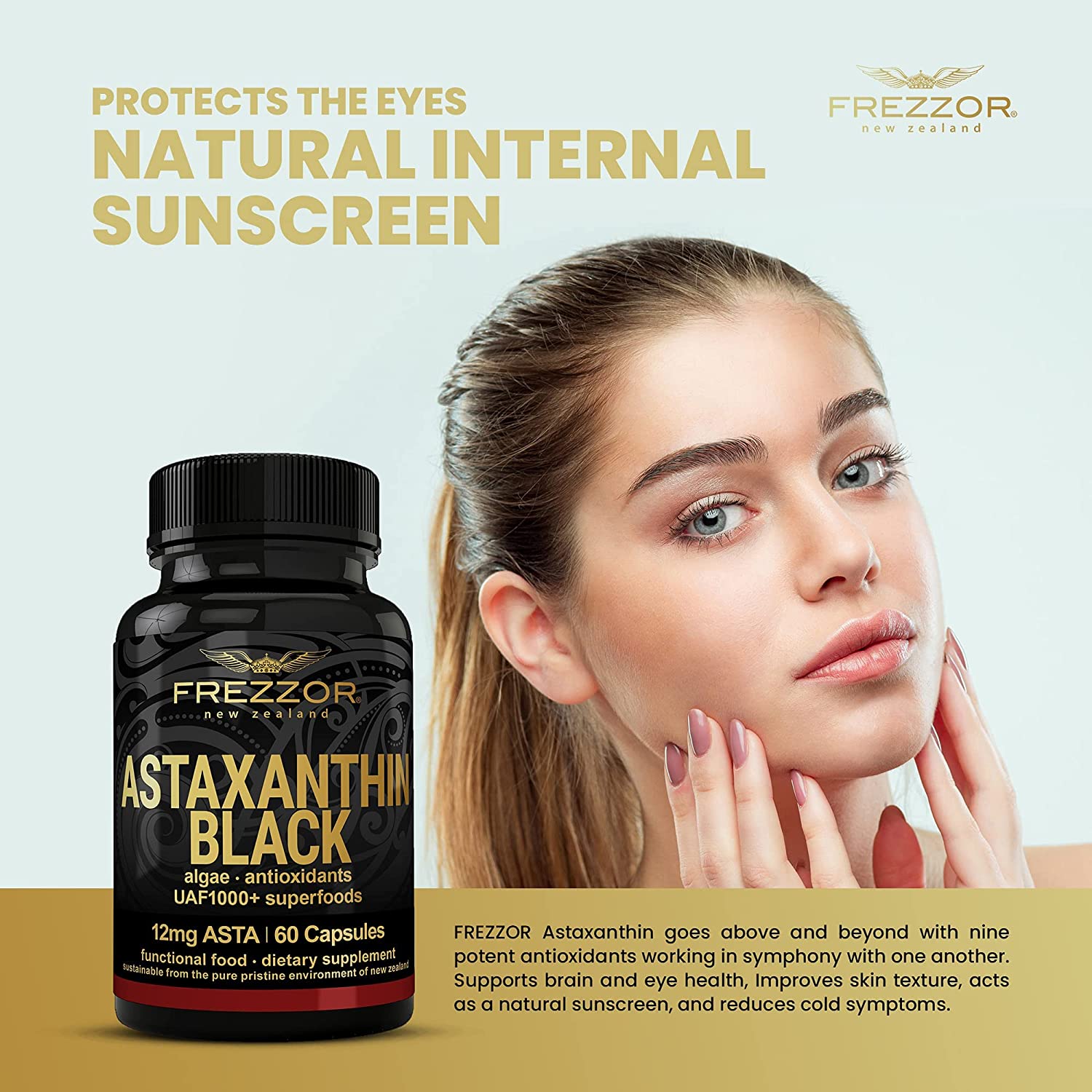 FREZZOR New Zealand Astaxanthin Black with UAF1000+, Anti-Aging, Skin, Eye, Nerve, Muscle Recovery,