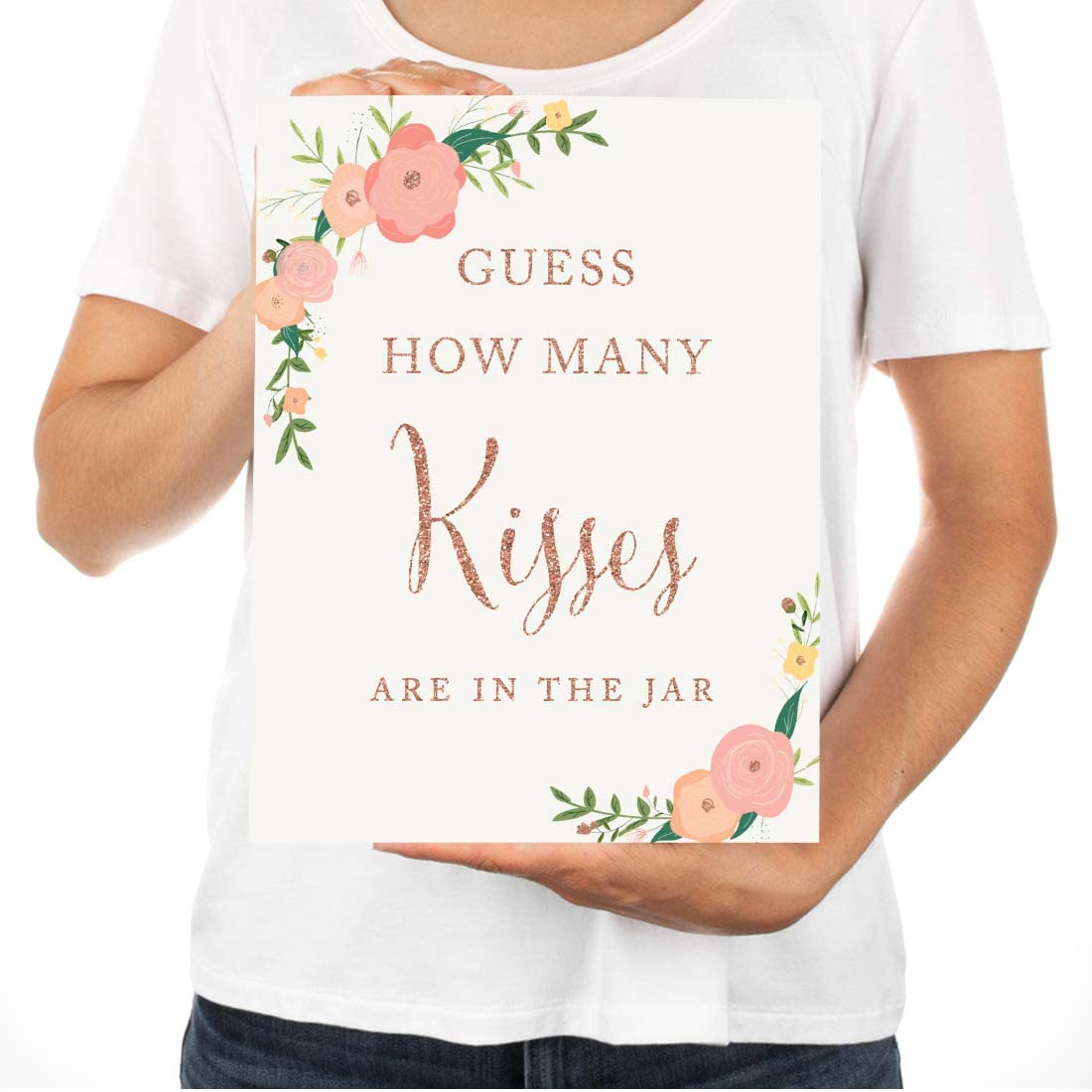 Andaz Press Wedding Party Signs, Faux Rose Gold Glitter with Florals, 8.5x11-inch, Guess How Many Ki