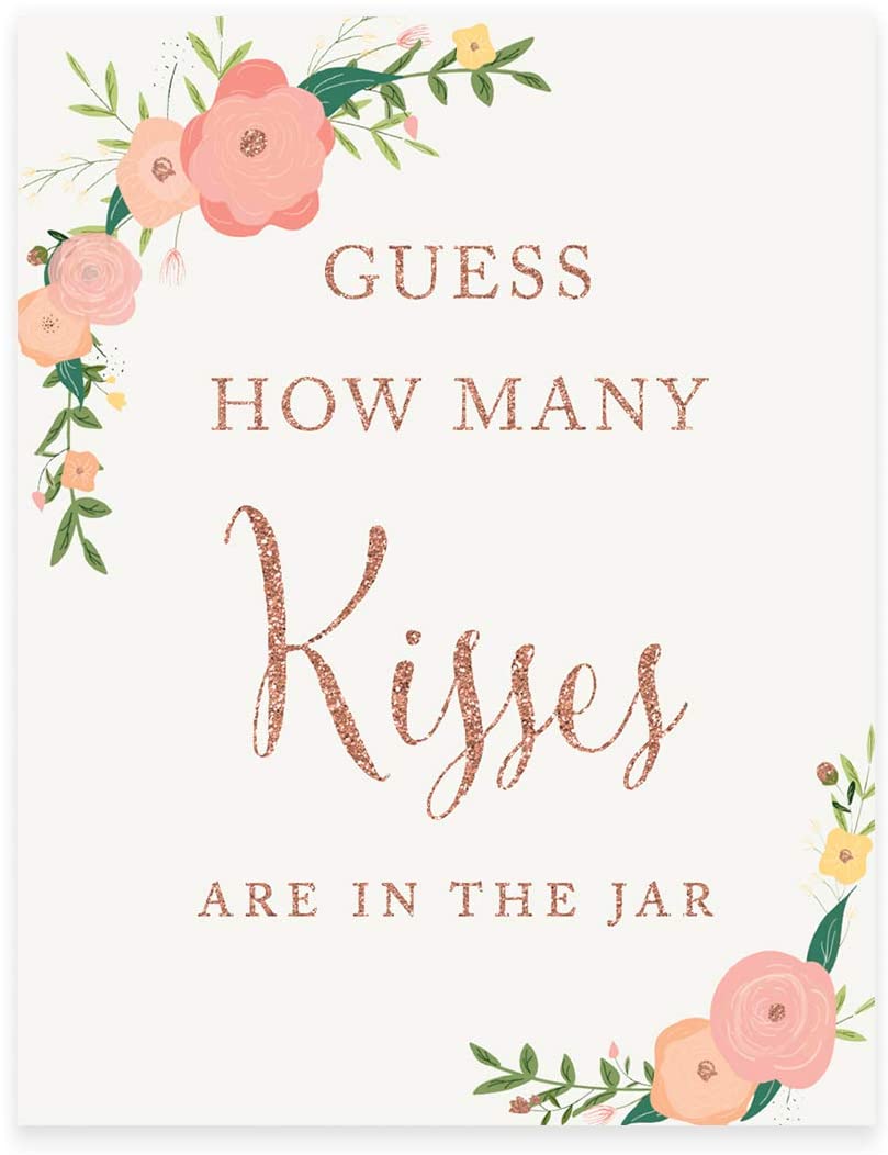 Andaz Press Wedding Party Signs, Faux Rose Gold Glitter with Florals, 8.5x11-inch, Guess How Many Ki