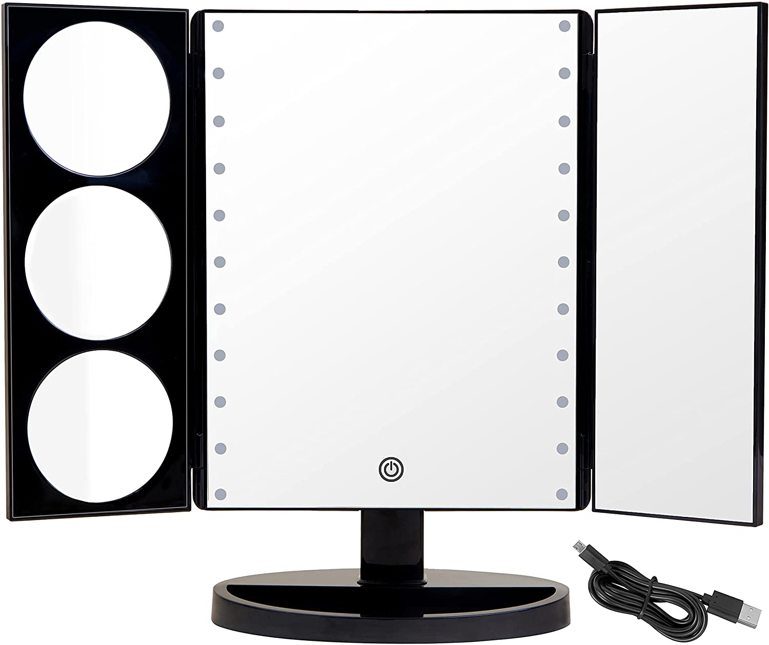 X-Large LED Lighted Trifold Makeup Mirror - Battery and USB Powered - 10X 5X 3X Magnification - Touc