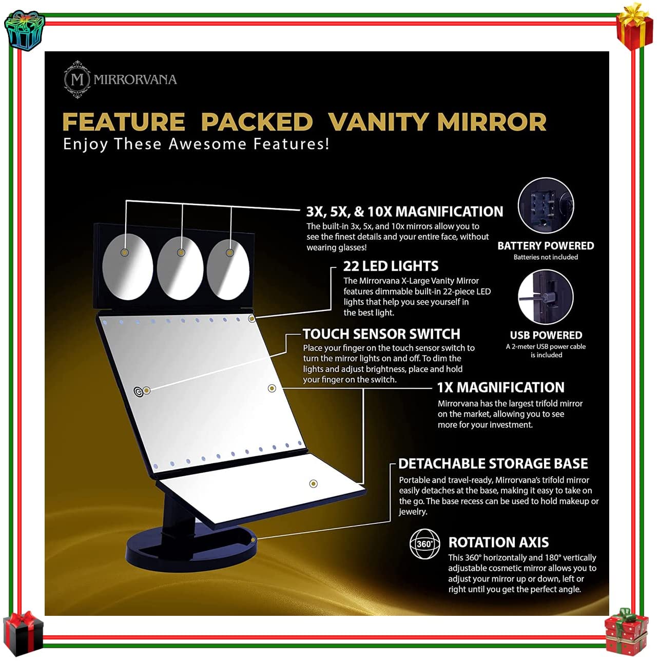 X-Large LED Lighted Trifold Makeup Mirror - Battery and USB Powered - 10X 5X 3X Magnification - Touc