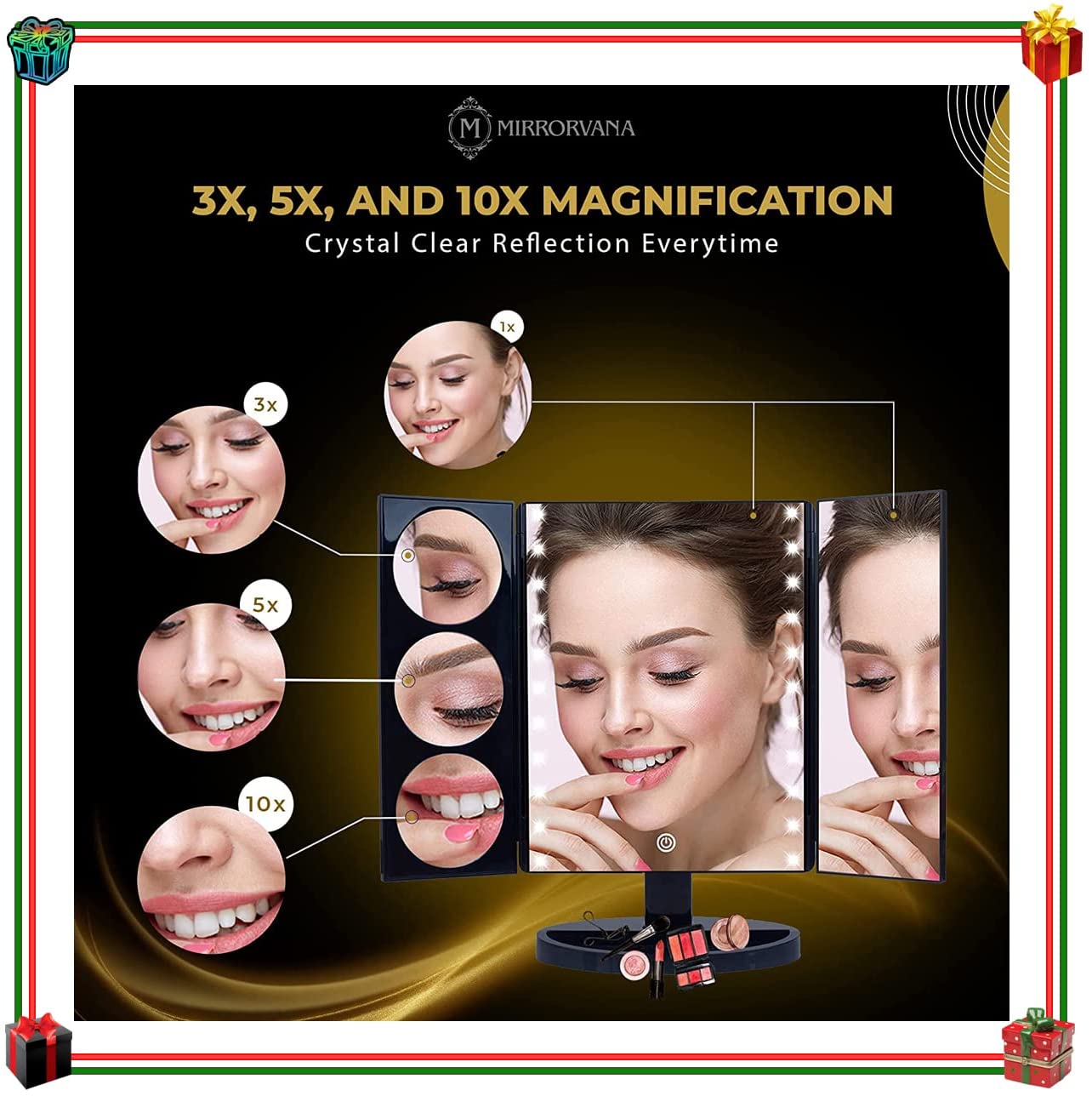 X-Large LED Lighted Trifold Makeup Mirror - Battery and USB Powered - 10X 5X 3X Magnification - Touc