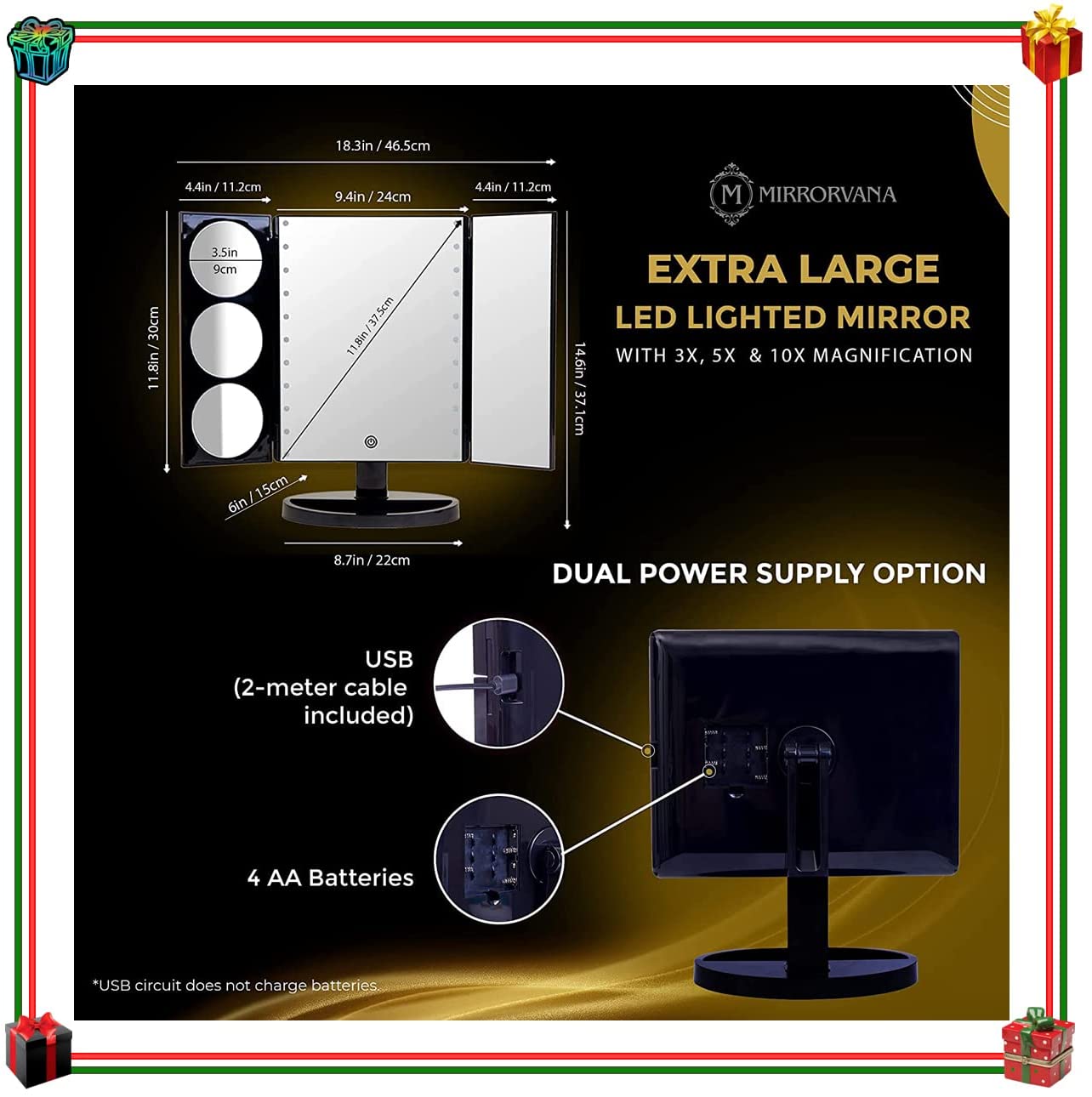 X-Large LED Lighted Trifold Makeup Mirror - Battery and USB Powered - 10X 5X 3X Magnification - Touc