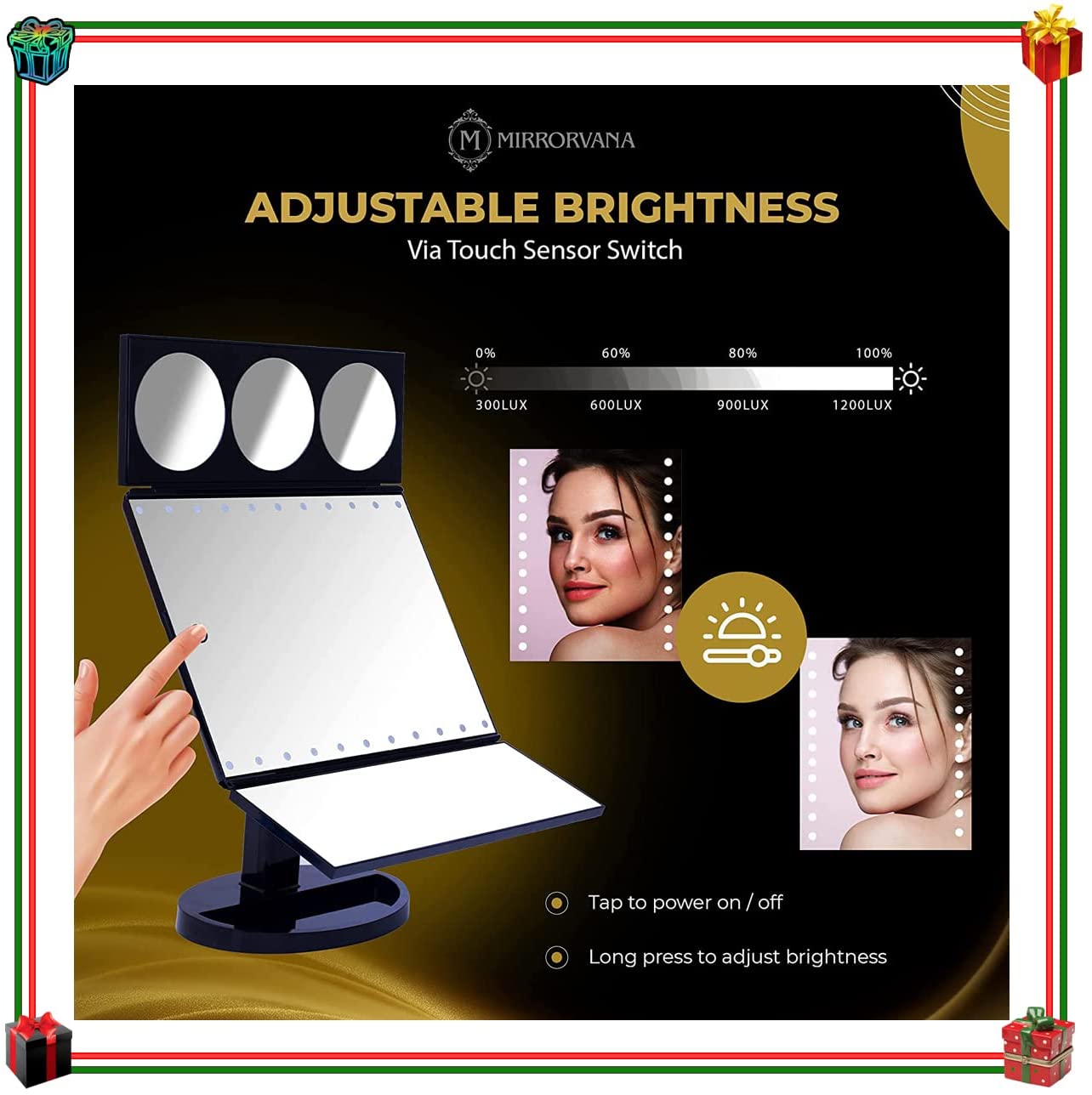 X-Large LED Lighted Trifold Makeup Mirror - Battery and USB Powered - 10X 5X 3X Magnification - Touc