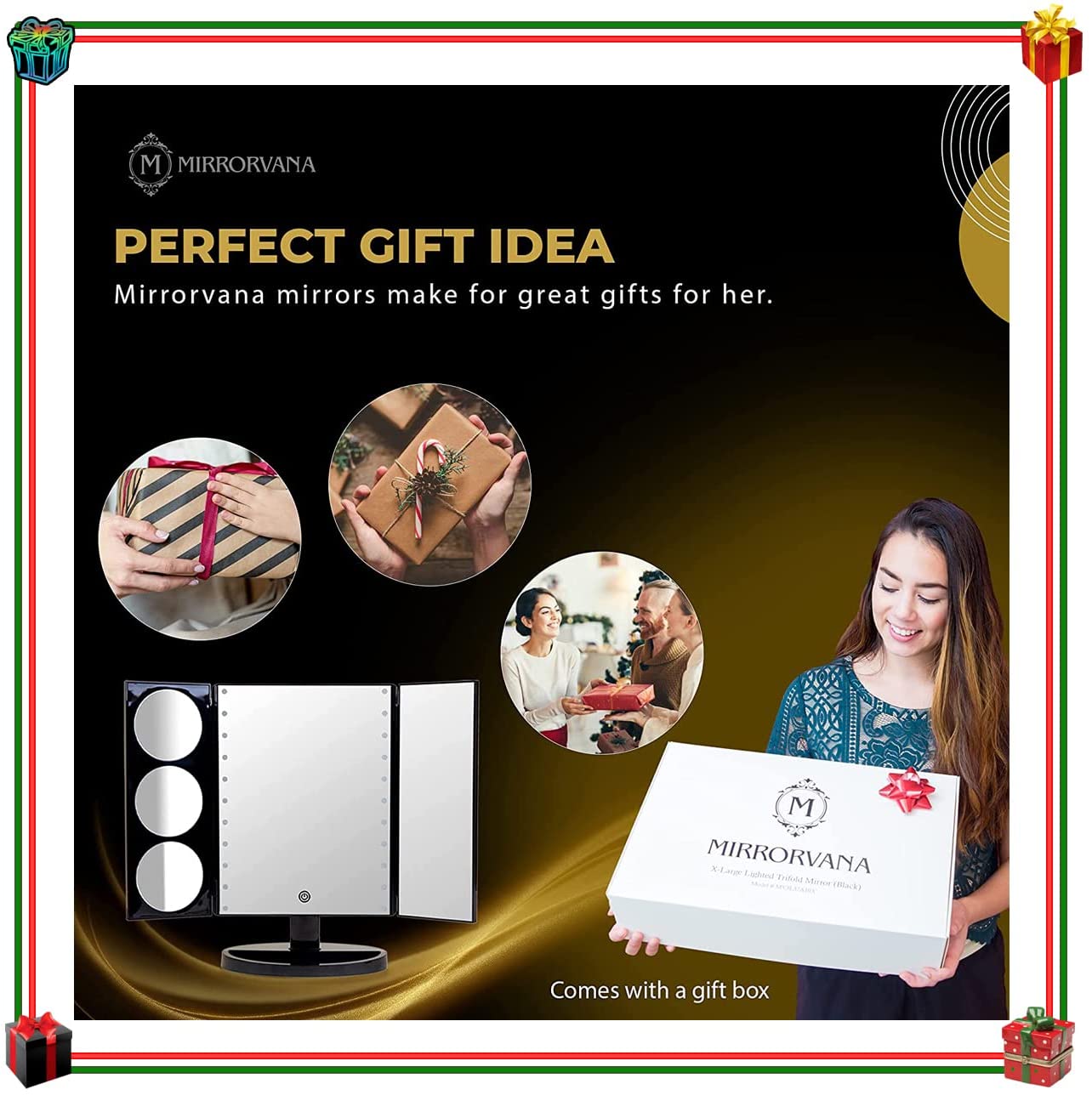 X-Large LED Lighted Trifold Makeup Mirror - Battery and USB Powered - 10X 5X 3X Magnification - Touc