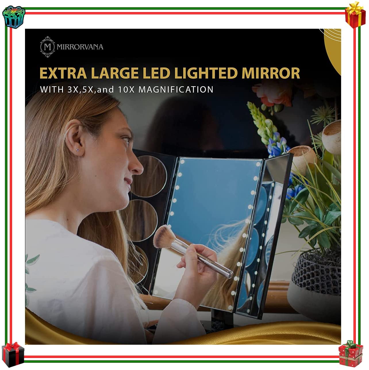 X-Large LED Lighted Trifold Makeup Mirror - Battery and USB Powered - 10X 5X 3X Magnification - Touc