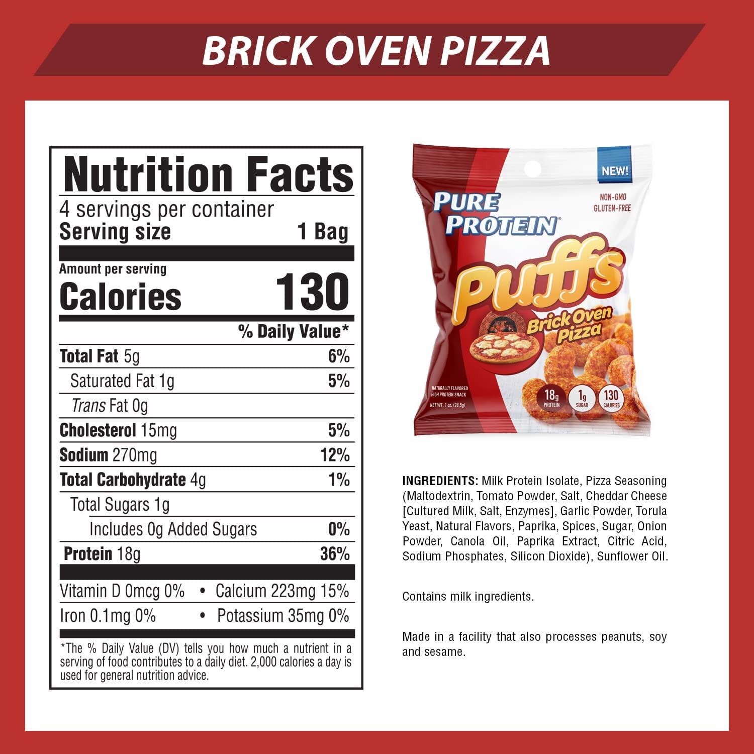 Pure Protein Puffs, Brick Oven Pizza, High Protein Snack, 18G Protein, 1.05oz, 12 Count