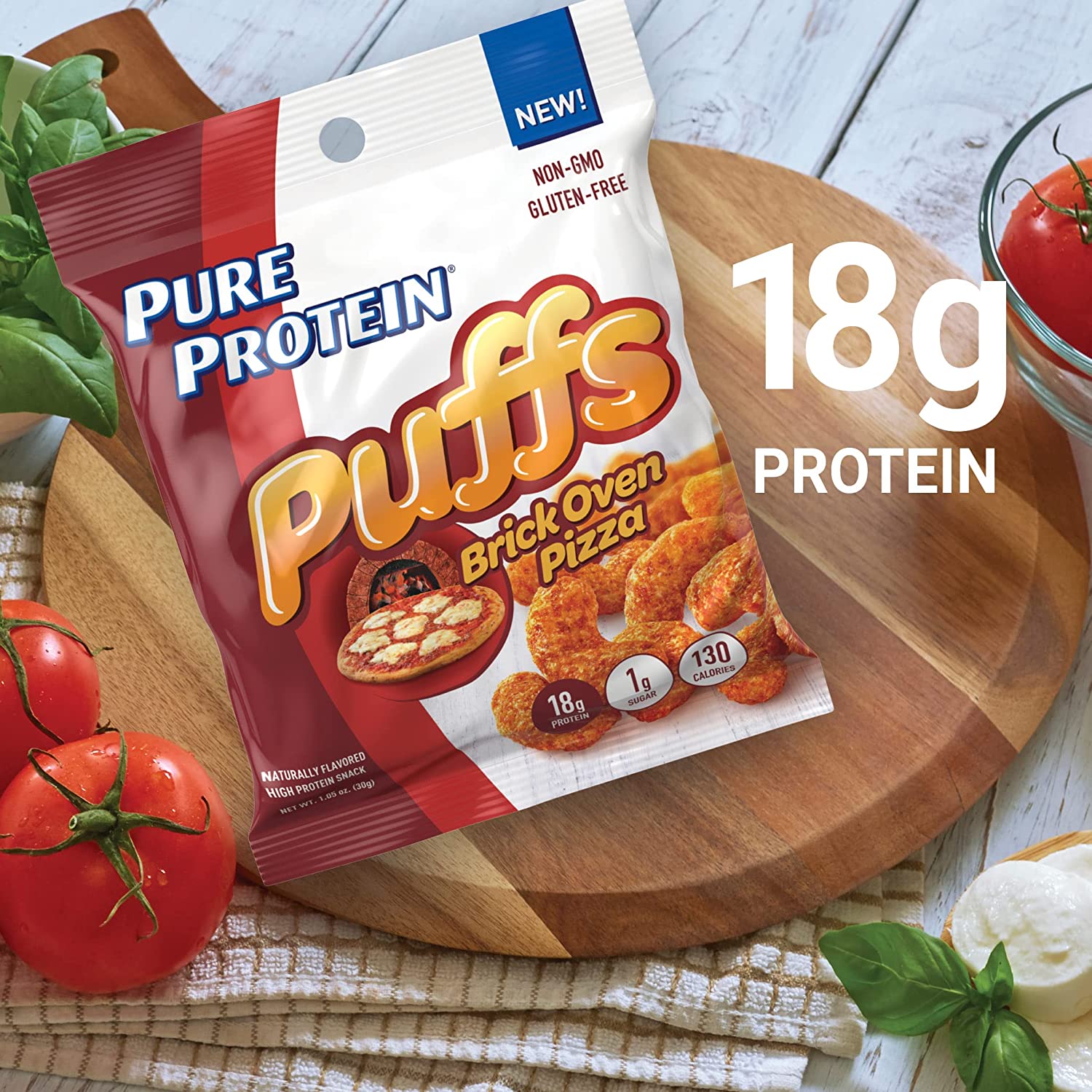 Pure Protein Puffs, Brick Oven Pizza, High Protein Snack, 18G Protein, 1.05oz, 12 Count