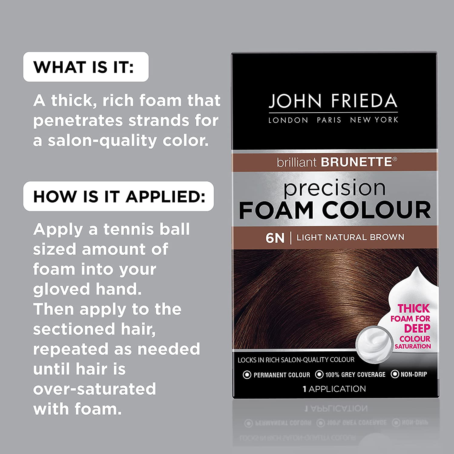 John Frieda Precision Foam Hair Color, Light Natural Brown 6N, Full-coverage Kit with Thick Foam for