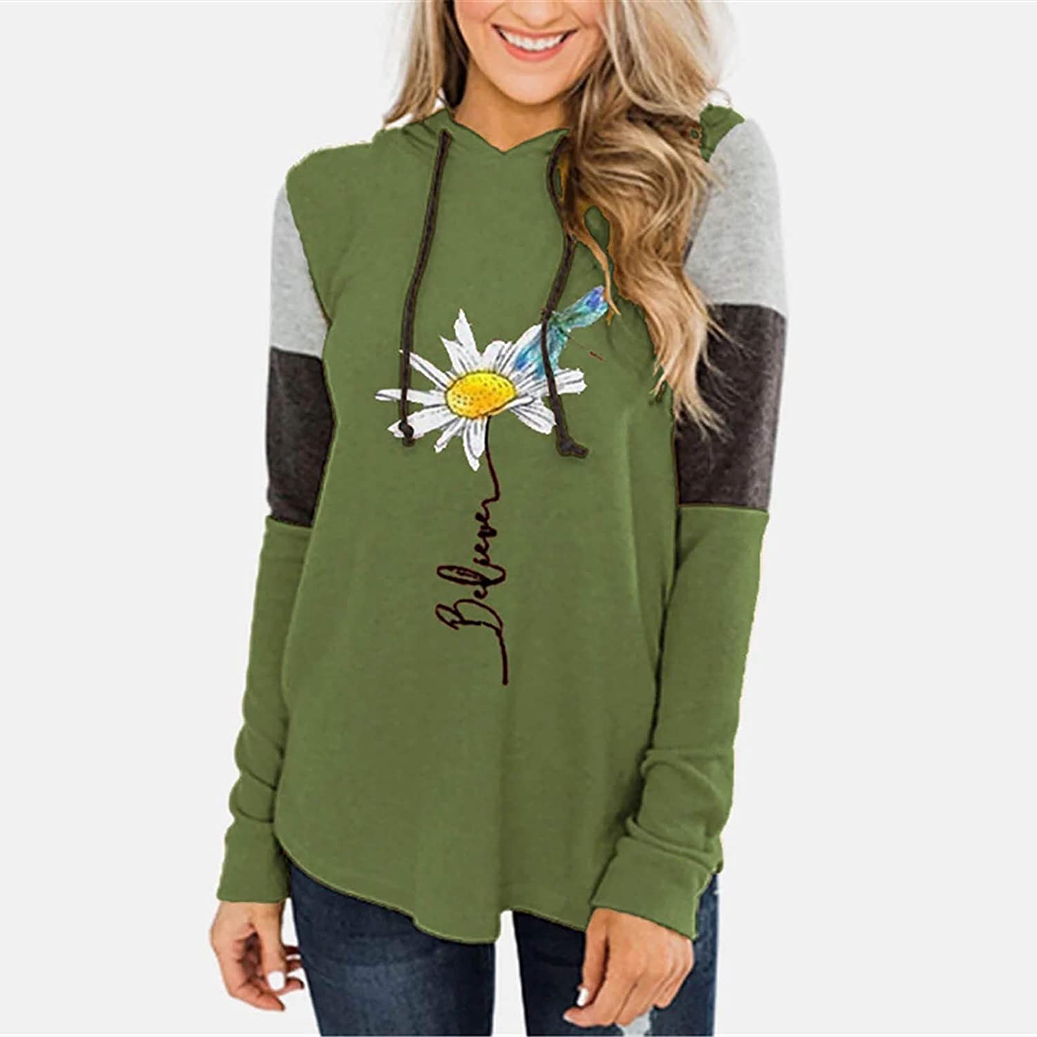 Dosoop Women Hoodie Tops Casual Floral Printed Long Sleeve Drawstring Sweatshirt Sweater Loose Blous