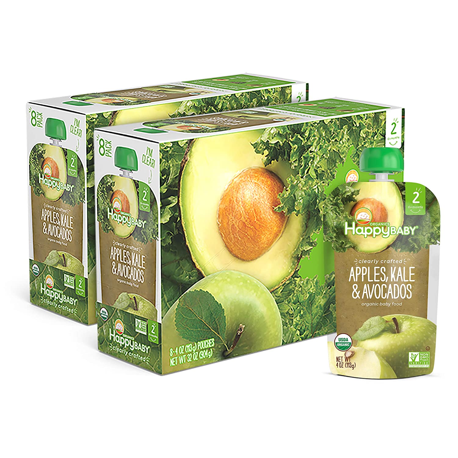 Happy Baby Organics Clearly Crafted Stage 2 Baby Food Apples, Kale & Avocados, 4 Ounce Pouch (Pack o