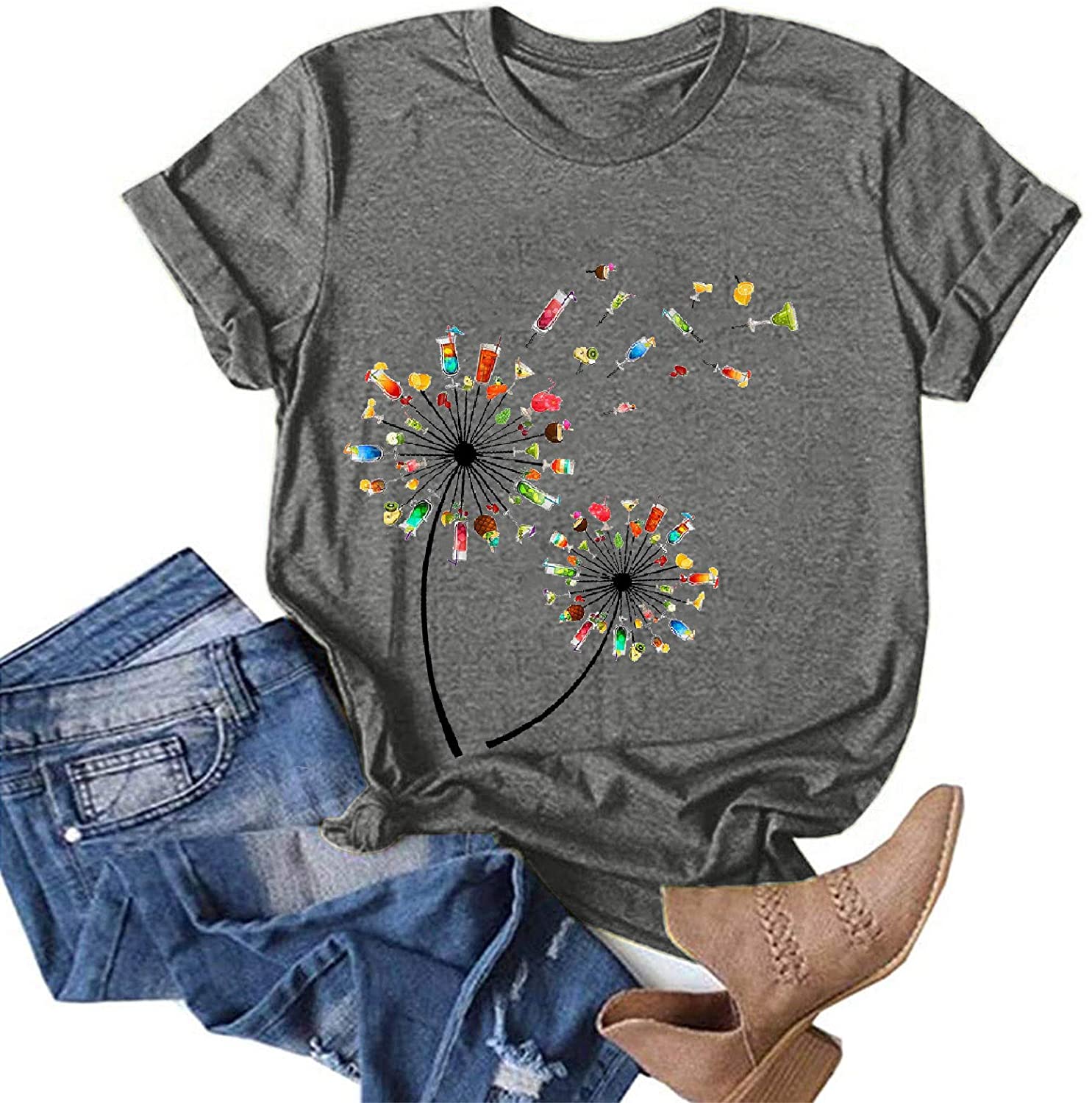 Dosoop Womens Short Sleeve Tops T-Shirts Casual Loose Fit Dandelion Print Graphic O-Neck Tees Shirts