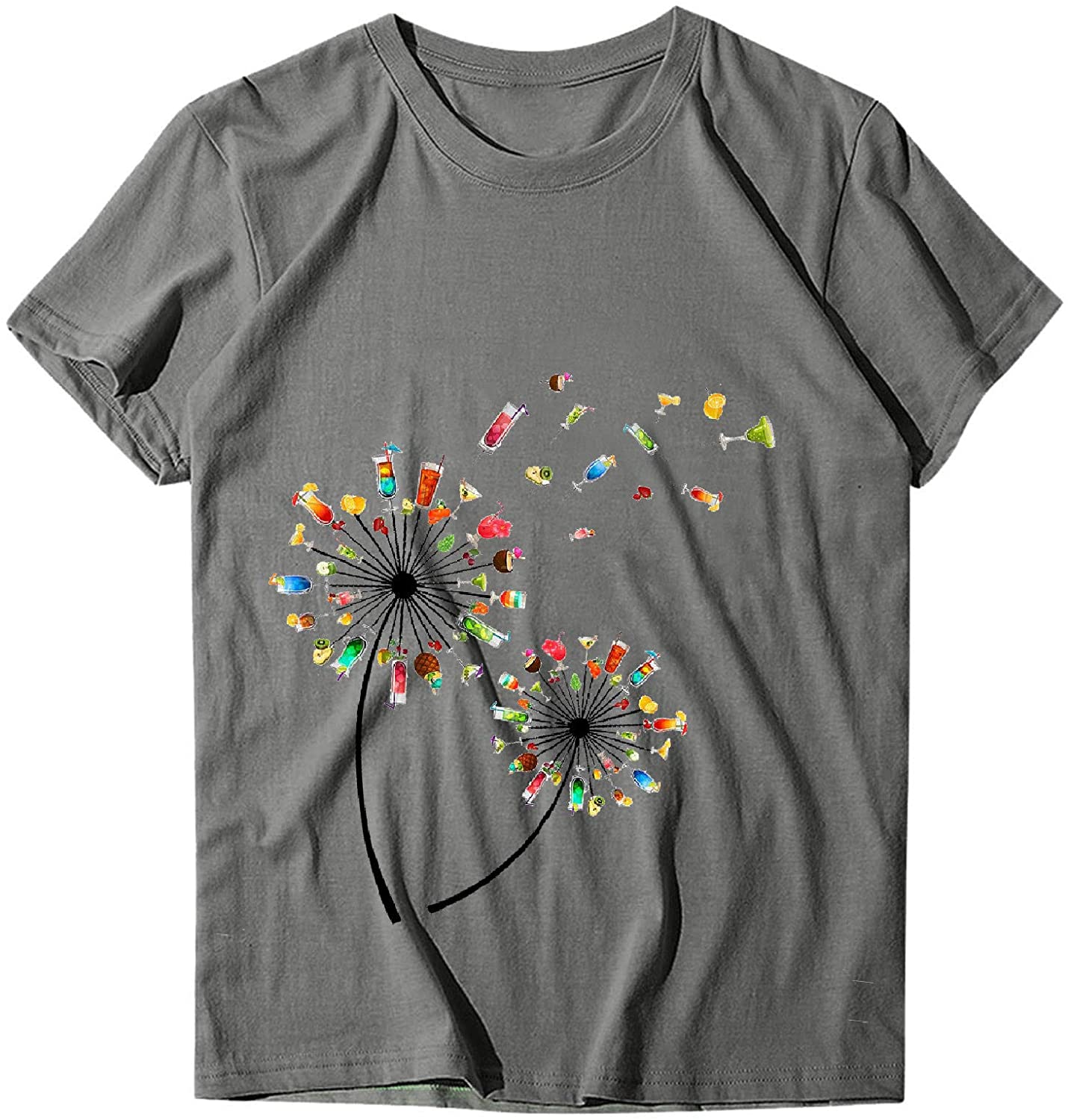 Dosoop Womens Short Sleeve Tops T-Shirts Casual Loose Fit Dandelion Print Graphic O-Neck Tees Shirts