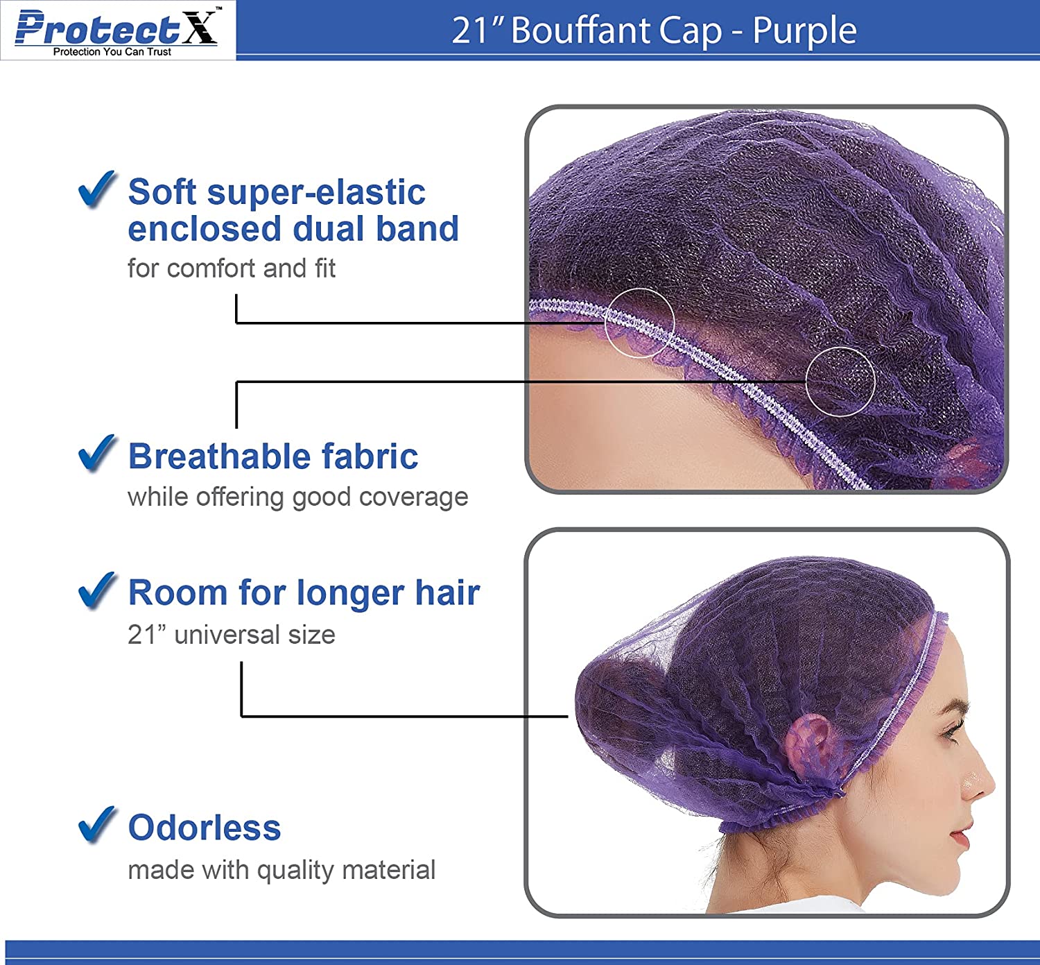 ProtectX Disposable Bouffant (Hair Net) Caps Hair Head Cover Nets 21” (Purple 100 pack)
