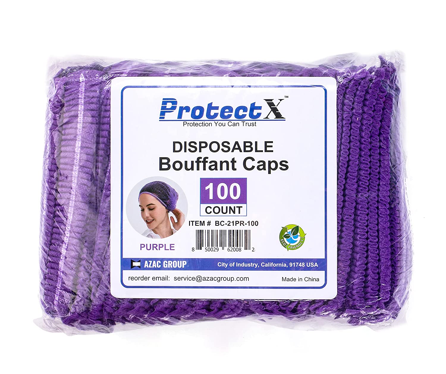 ProtectX Disposable Bouffant (Hair Net) Caps Hair Head Cover Nets 21” (Purple 100 pack)