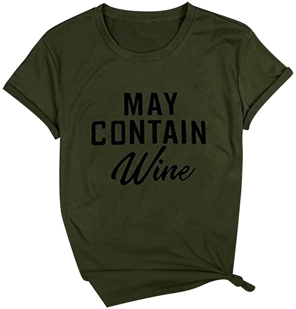 Dosoop May Contain Wine Shirt Women Letter Print Tops Funny Drinking Shirt Casual Short Sleeve Graph