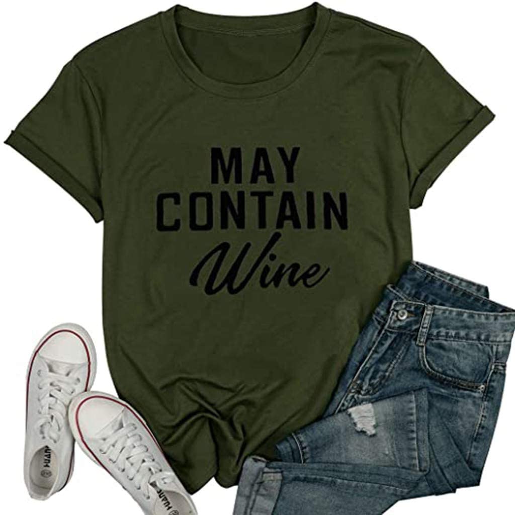 Dosoop May Contain Wine Shirt Women Letter Print Tops Funny Drinking Shirt Casual Short Sleeve Graph