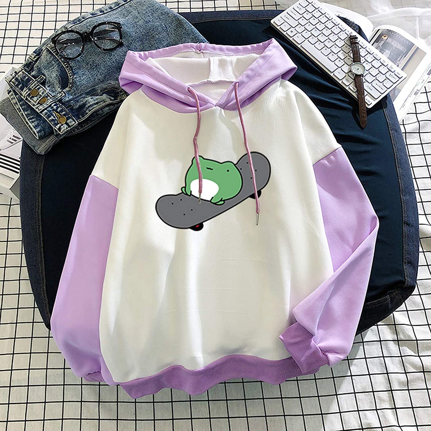 Hoodies for Womens,Womens Cute Frog Print Long Sleeve Pullover Tunic Loose Hoodies Crewneck Tops Blo