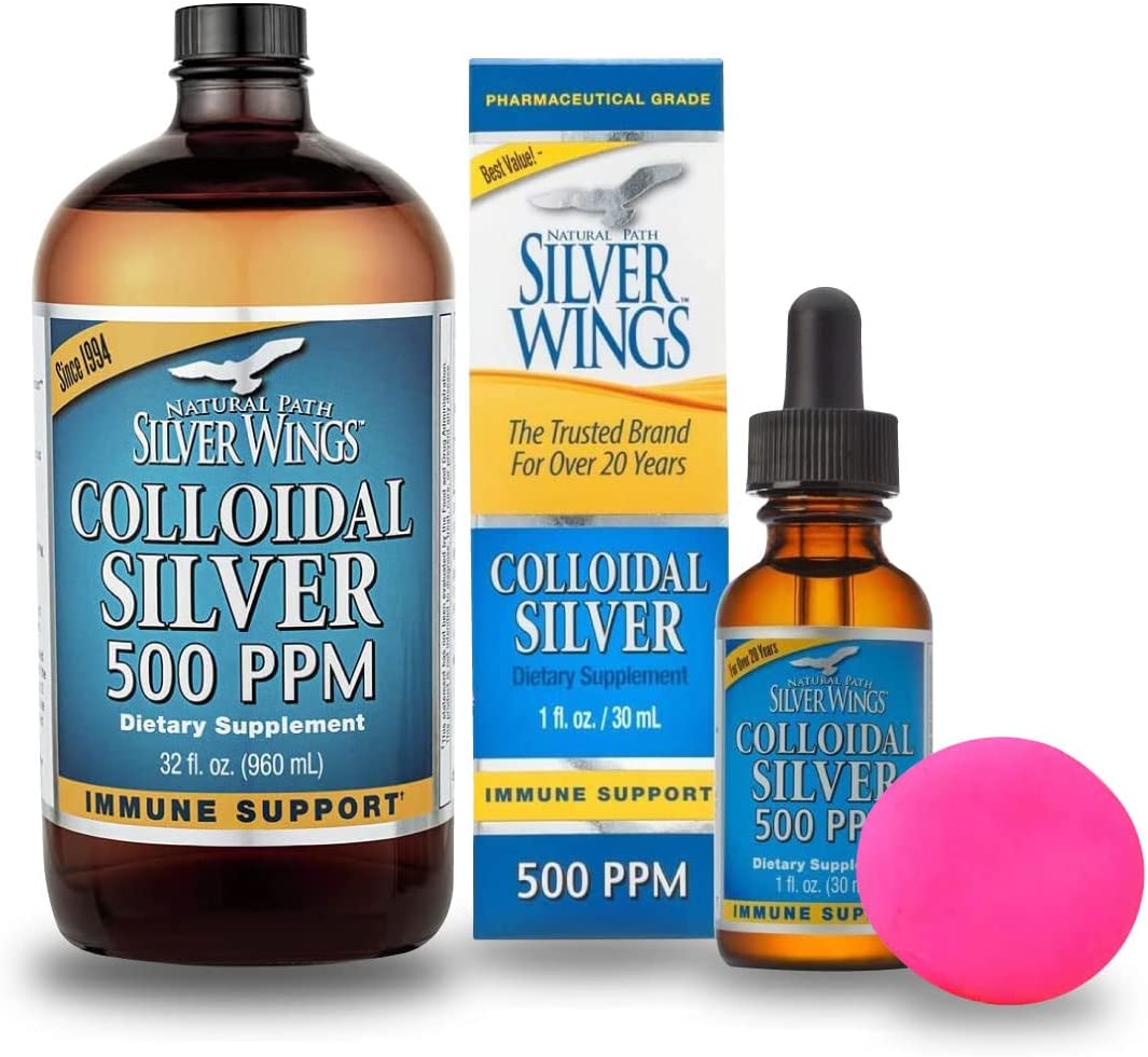 Natural Path Silver Wings. Colloidal Silver Bottle 500 PPM of 32 Oz/960 mL + Colloidal Silver Droppe